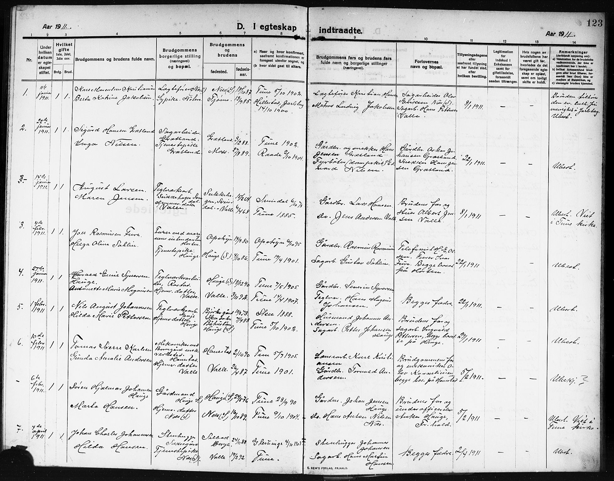 Rolvsøy prestekontor Kirkebøker, AV/SAO-A-2004/G/Ga/L0001: Parish register (copy) no. 1, 1911-1920, p. 123