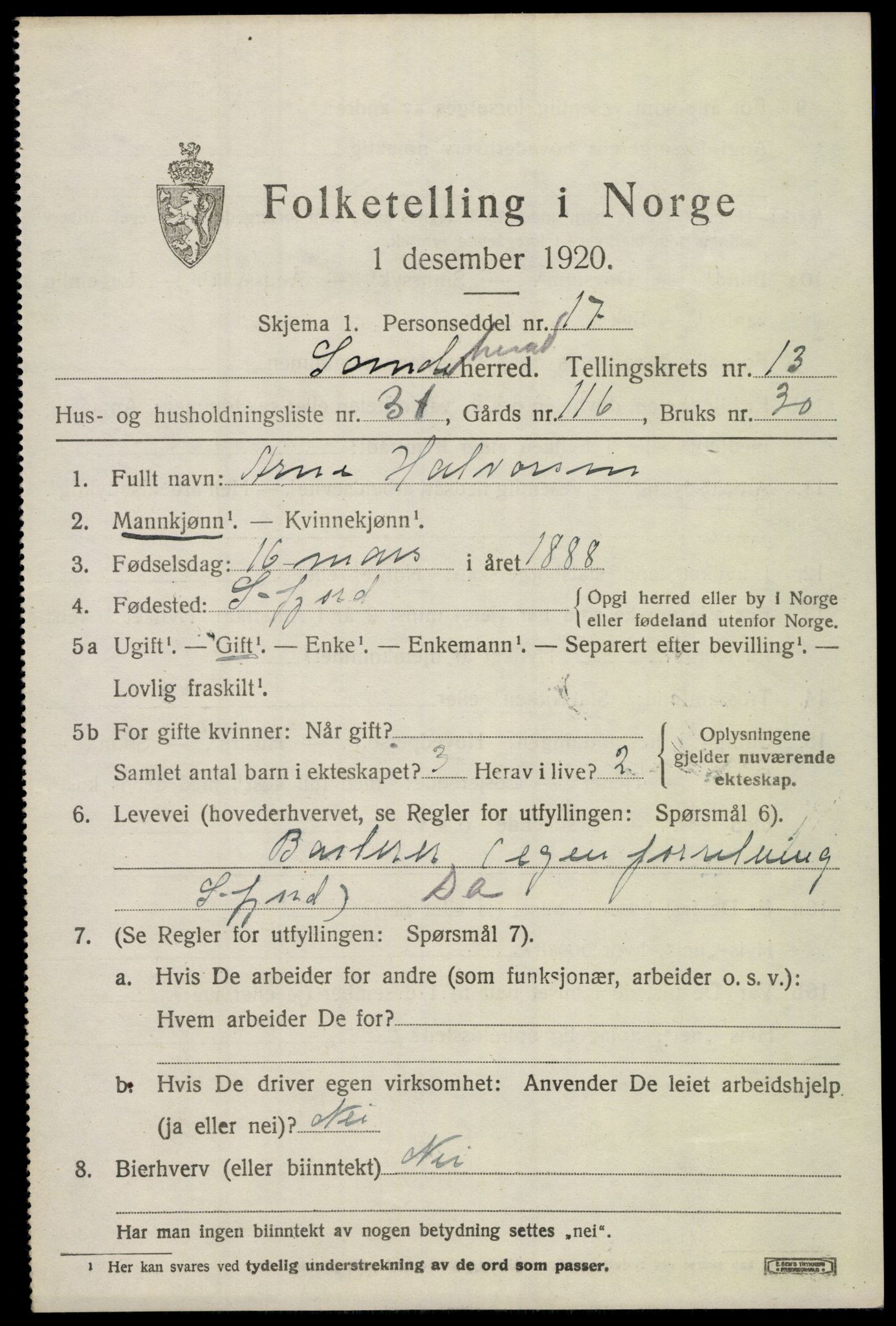 SAKO, 1920 census for Sandeherred, 1920, p. 19656