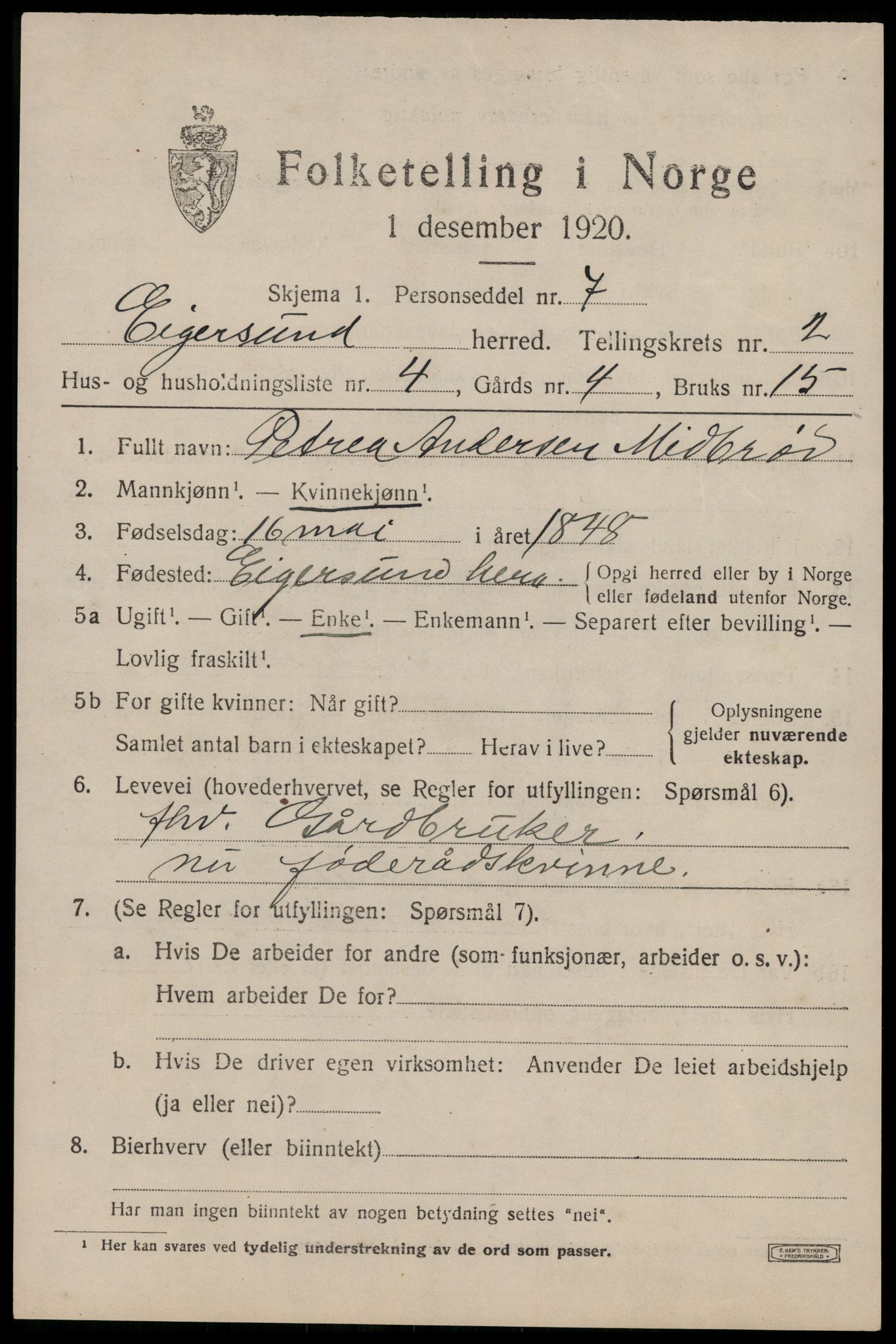 SAST, 1920 census for Eigersund, 1920, p. 1655