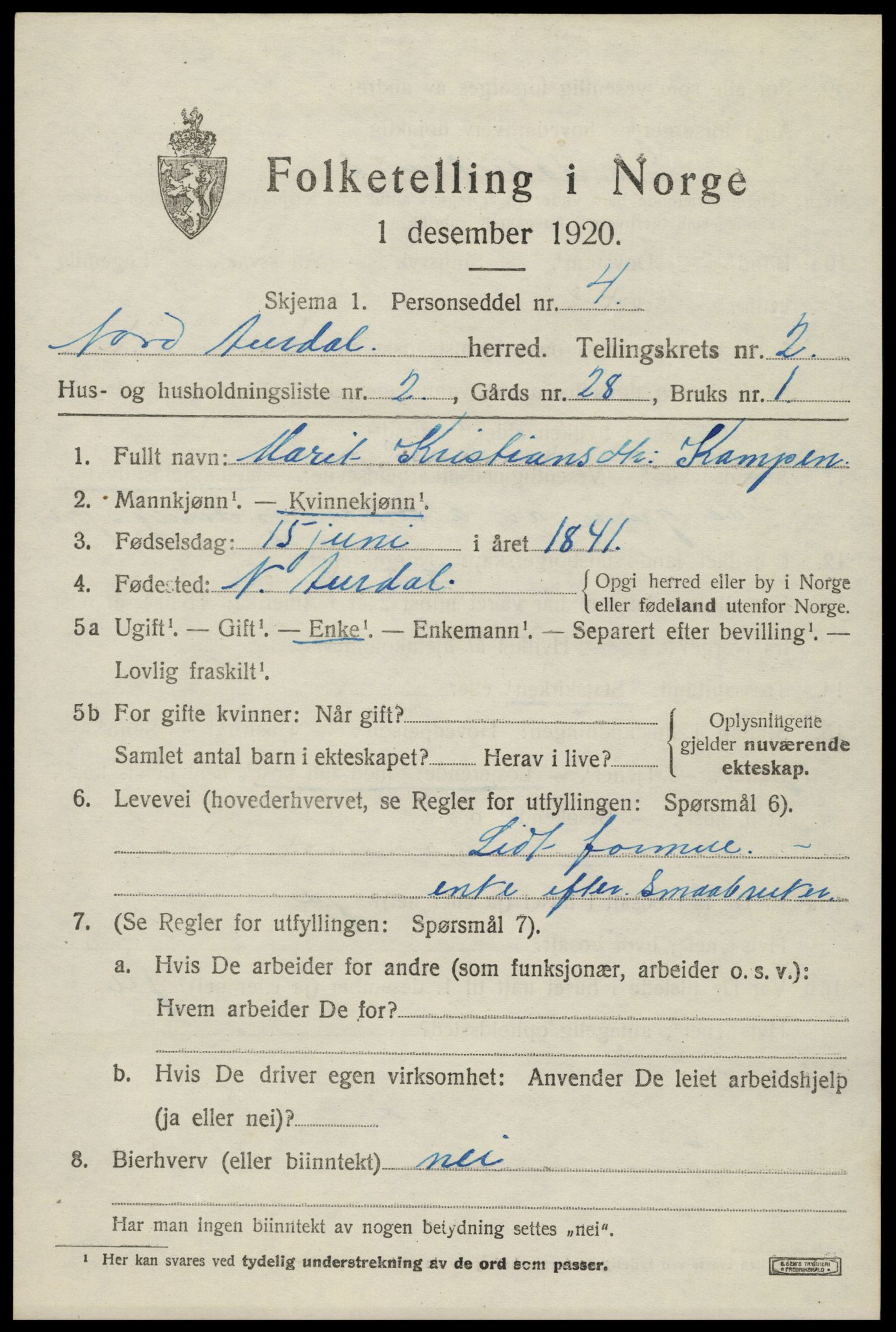 SAH, 1920 census for Nord-Aurdal, 1920, p. 3134