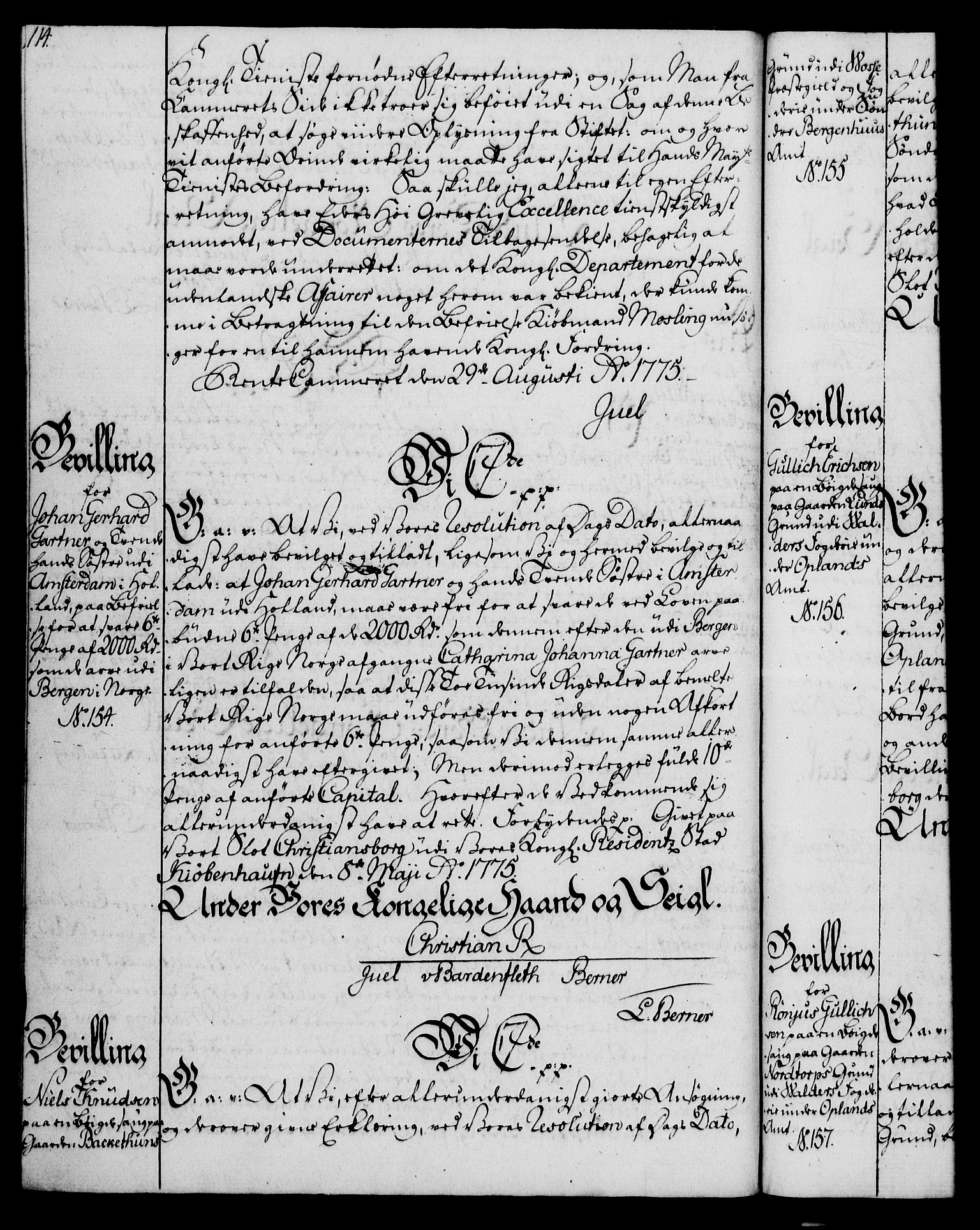 Rentekammeret, Kammerkanselliet, AV/RA-EA-3111/G/Gg/Gga/L0010: Norsk ekspedisjonsprotokoll med register (merket RK 53.10), 1773-1778, p. 114