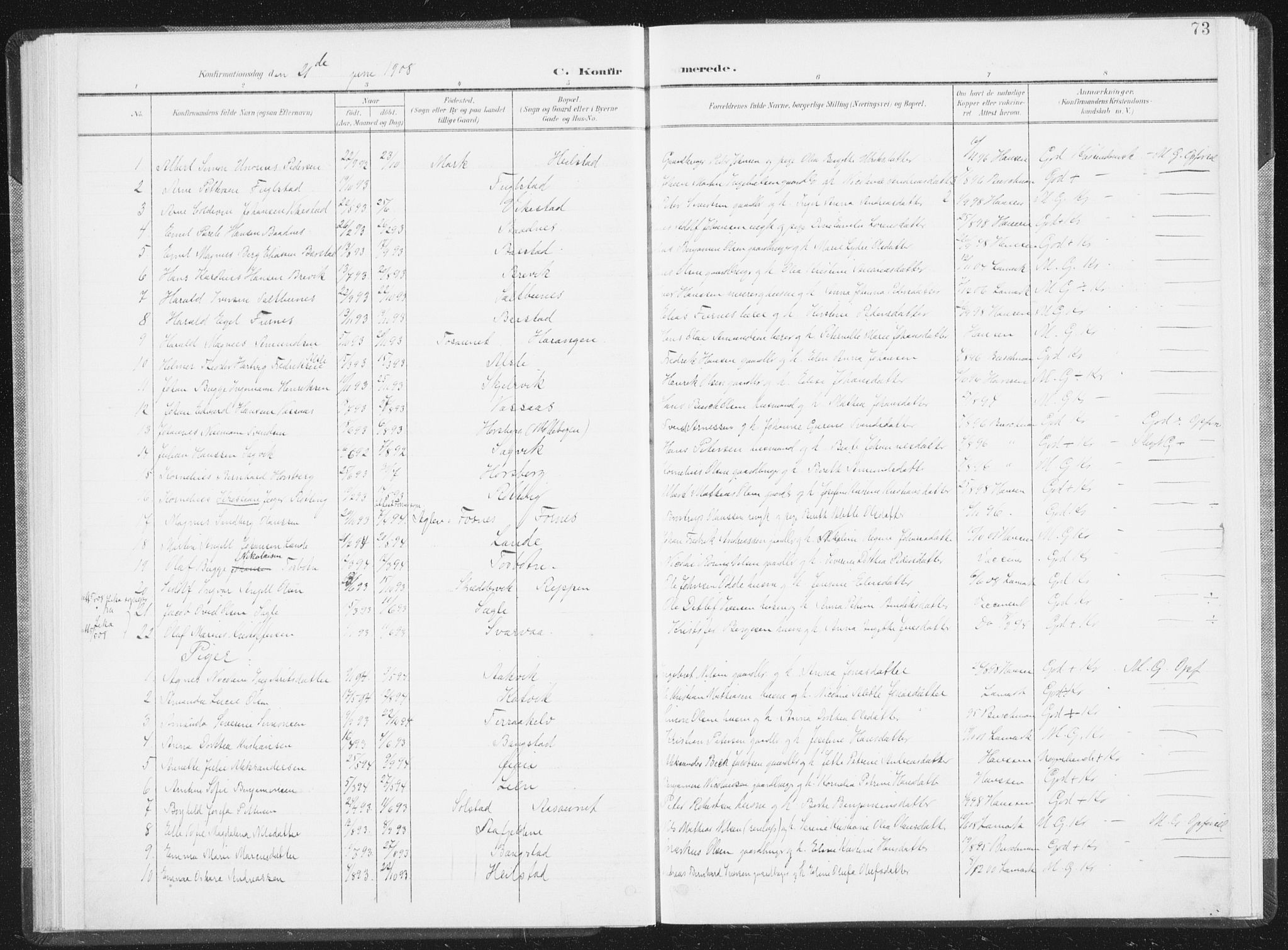 Ministerialprotokoller, klokkerbøker og fødselsregistre - Nordland, AV/SAT-A-1459/810/L0153: Parish register (official) no. 810A12, 1899-1914, p. 73