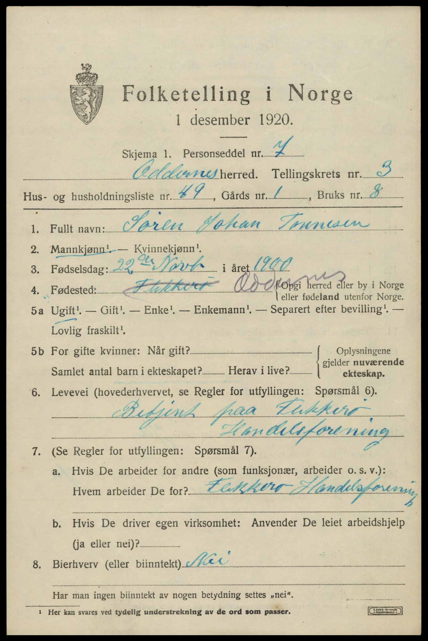 SAK, 1920 census for Oddernes, 1920, p. 3891