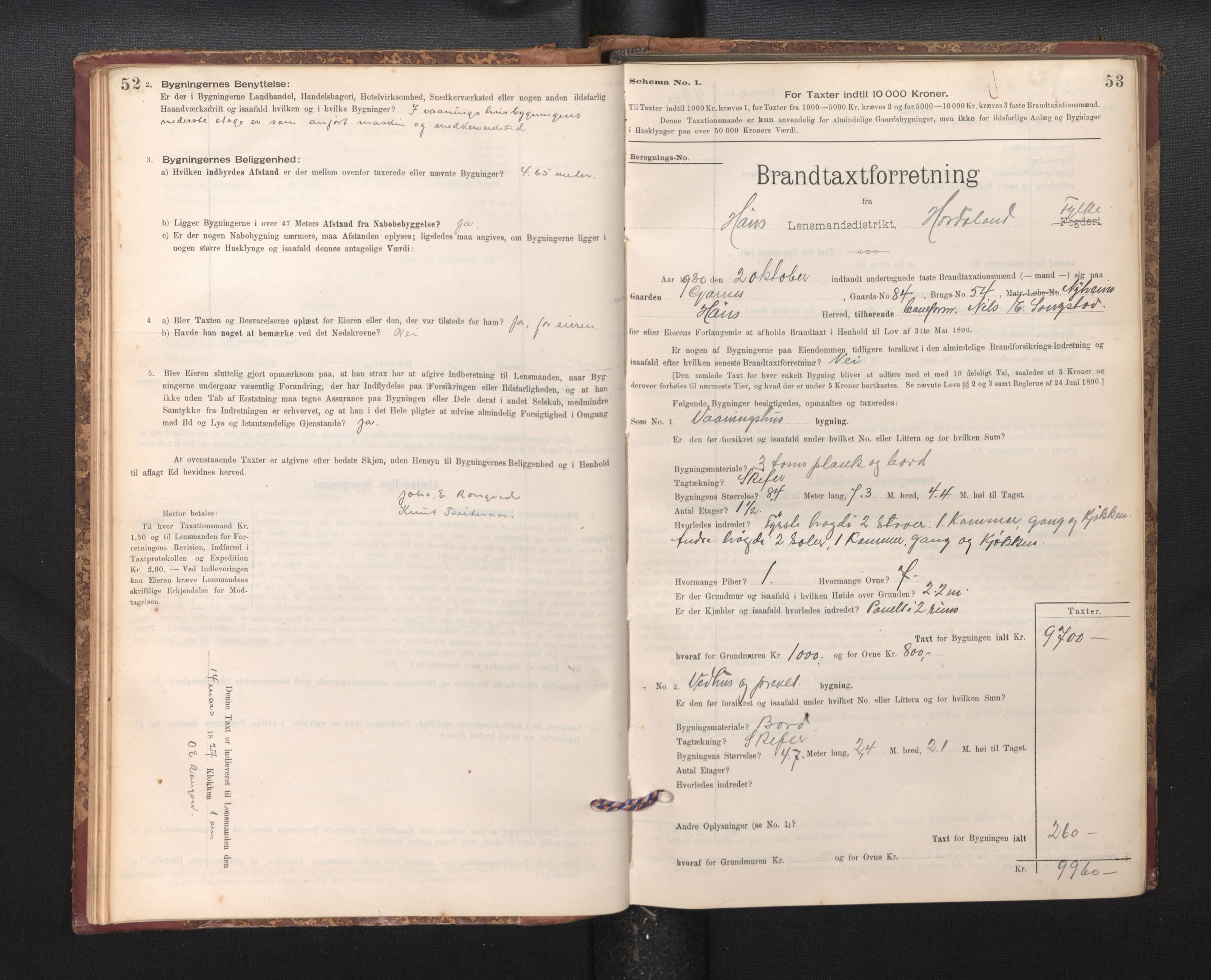 Lensmannen i Haus, SAB/A-32701/0012/L0006: Branntakstprotokoll, skjematakst, 1895-1941, p. 52-53