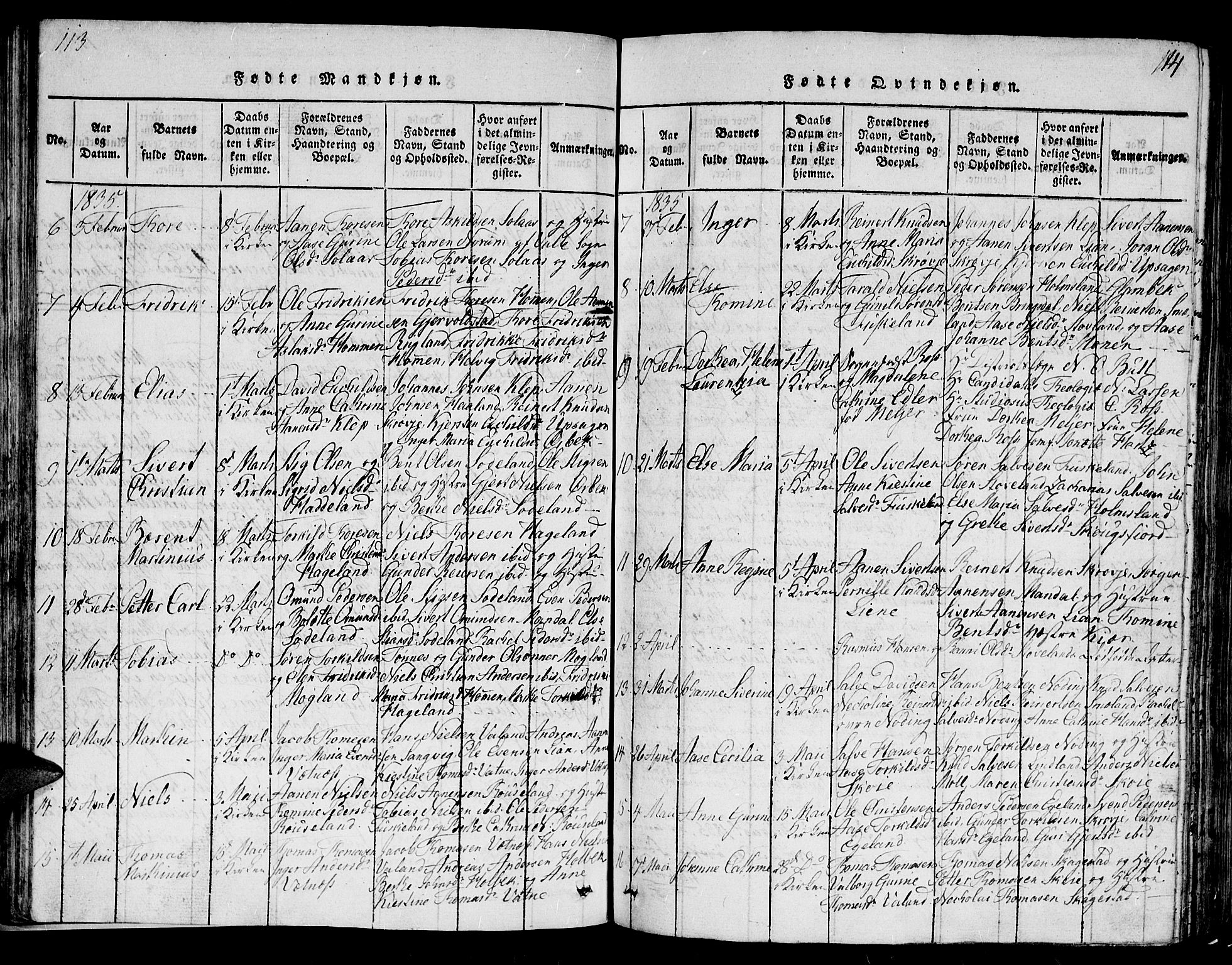 Holum sokneprestkontor, SAK/1111-0022/F/Fb/Fba/L0002: Parish register (copy) no. B 2, 1820-1849, p. 113-114
