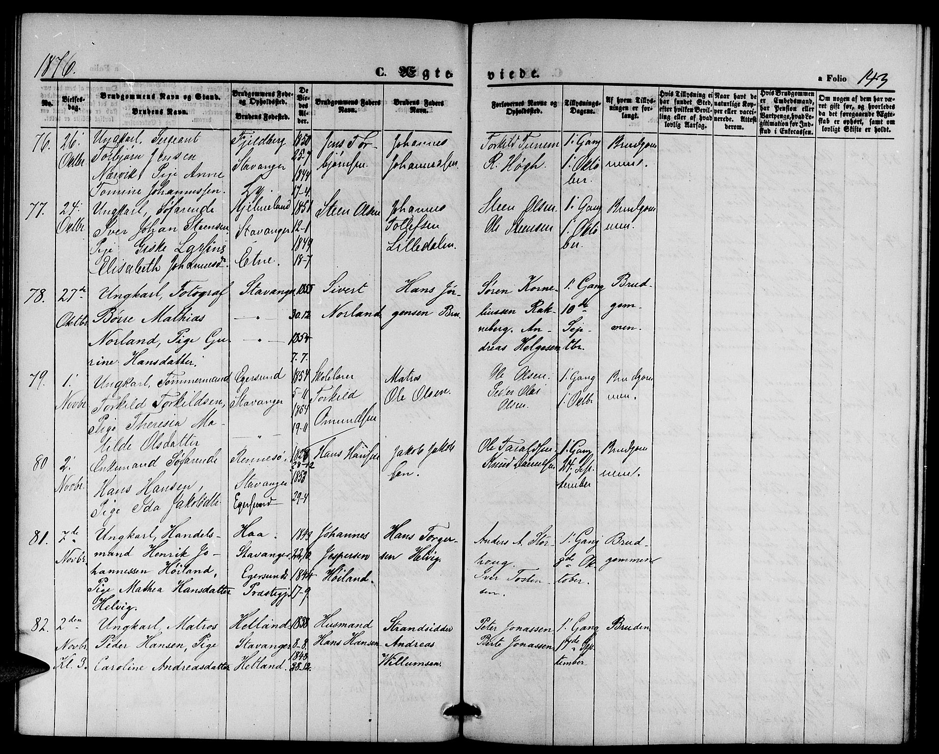 St. Petri sokneprestkontor, AV/SAST-A-101813/001/30/30BB/L0002: Parish register (copy) no. B 2, 1865-1885, p. 143