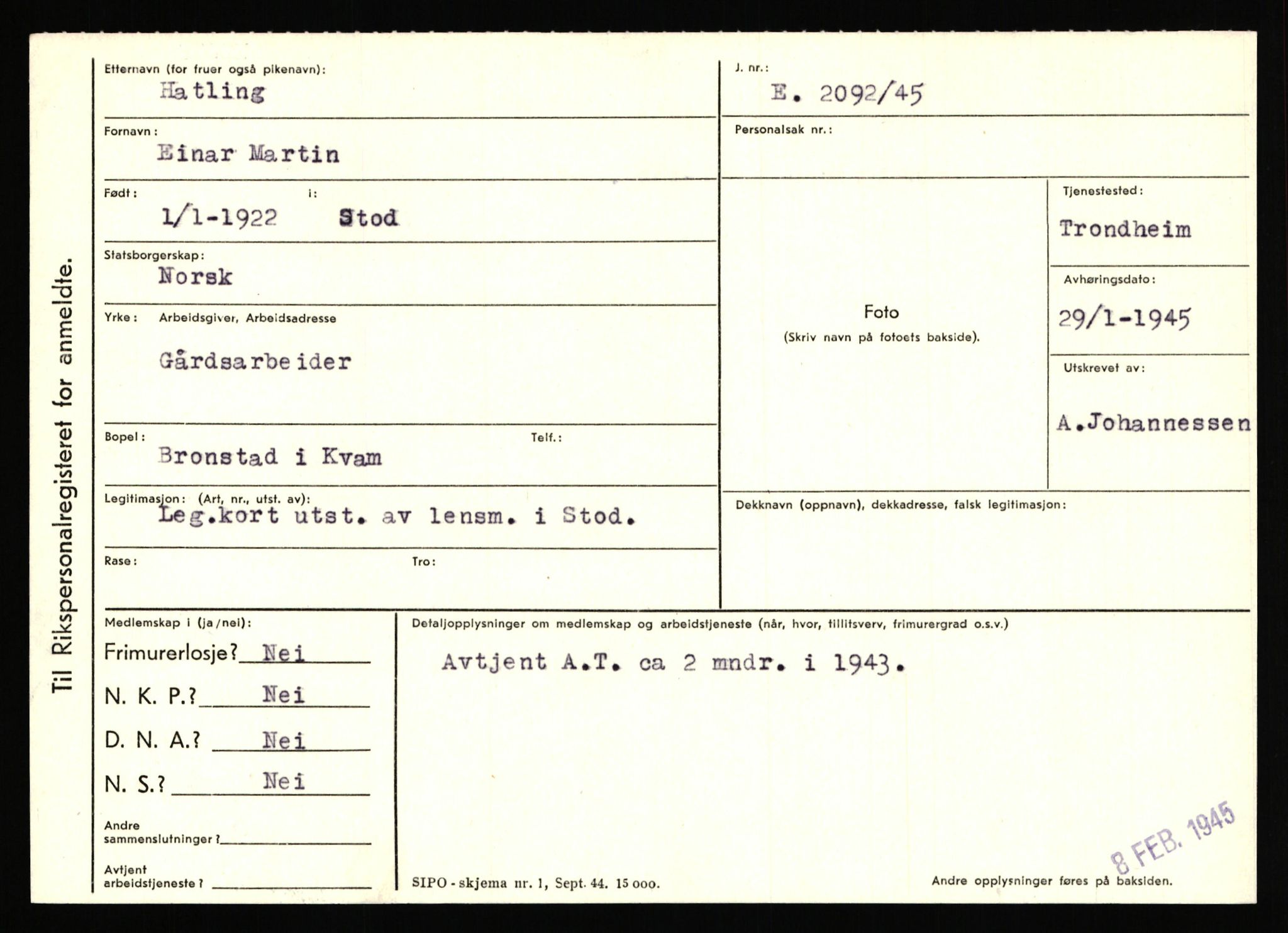 Statspolitiet - Hovedkontoret / Osloavdelingen, AV/RA-S-1329/C/Ca/L0006: Hanche - Hokstvedt, 1943-1945, p. 2062