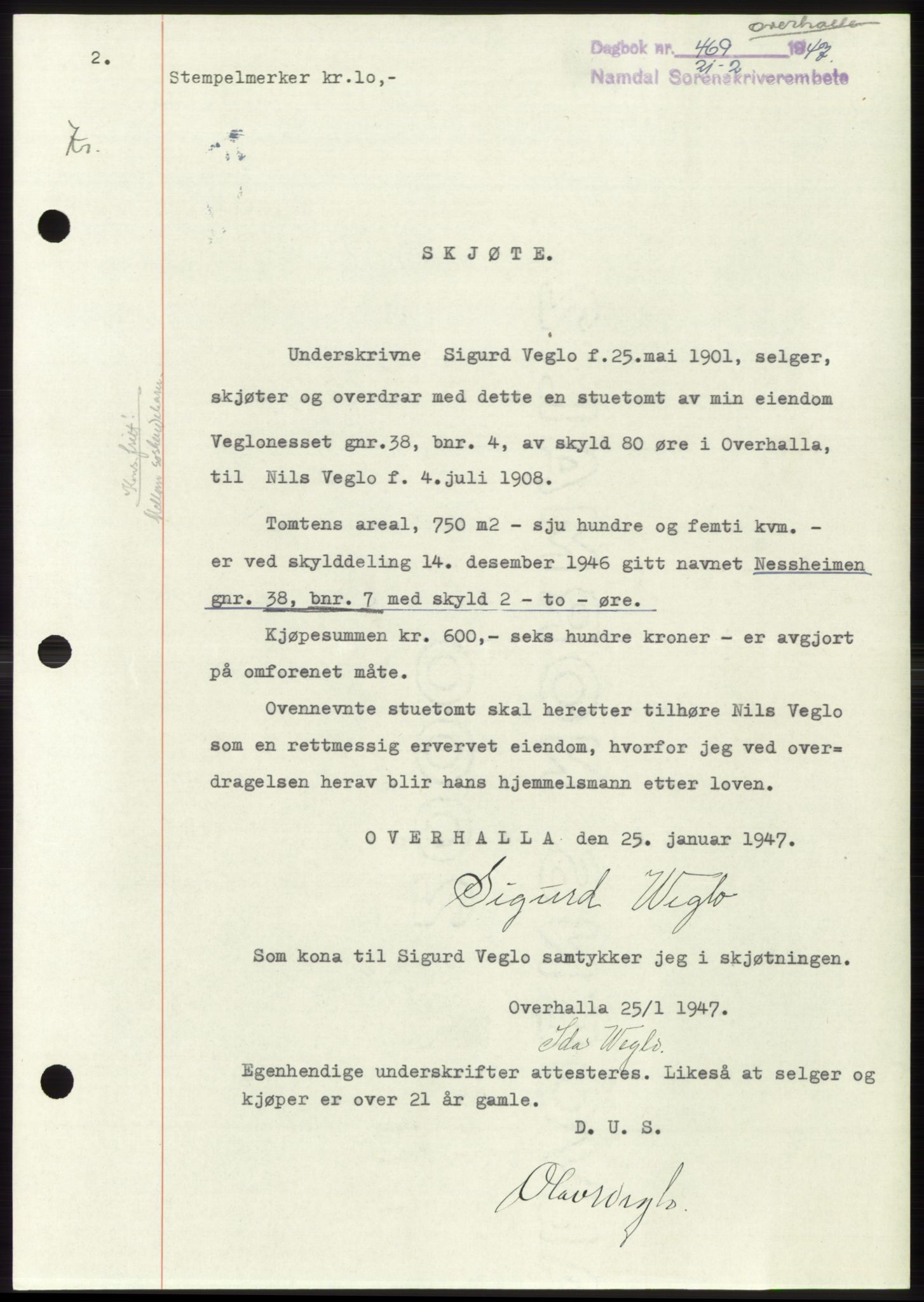 Namdal sorenskriveri, AV/SAT-A-4133/1/2/2C: Mortgage book no. -, 1946-1947, Diary no: : 469/1947