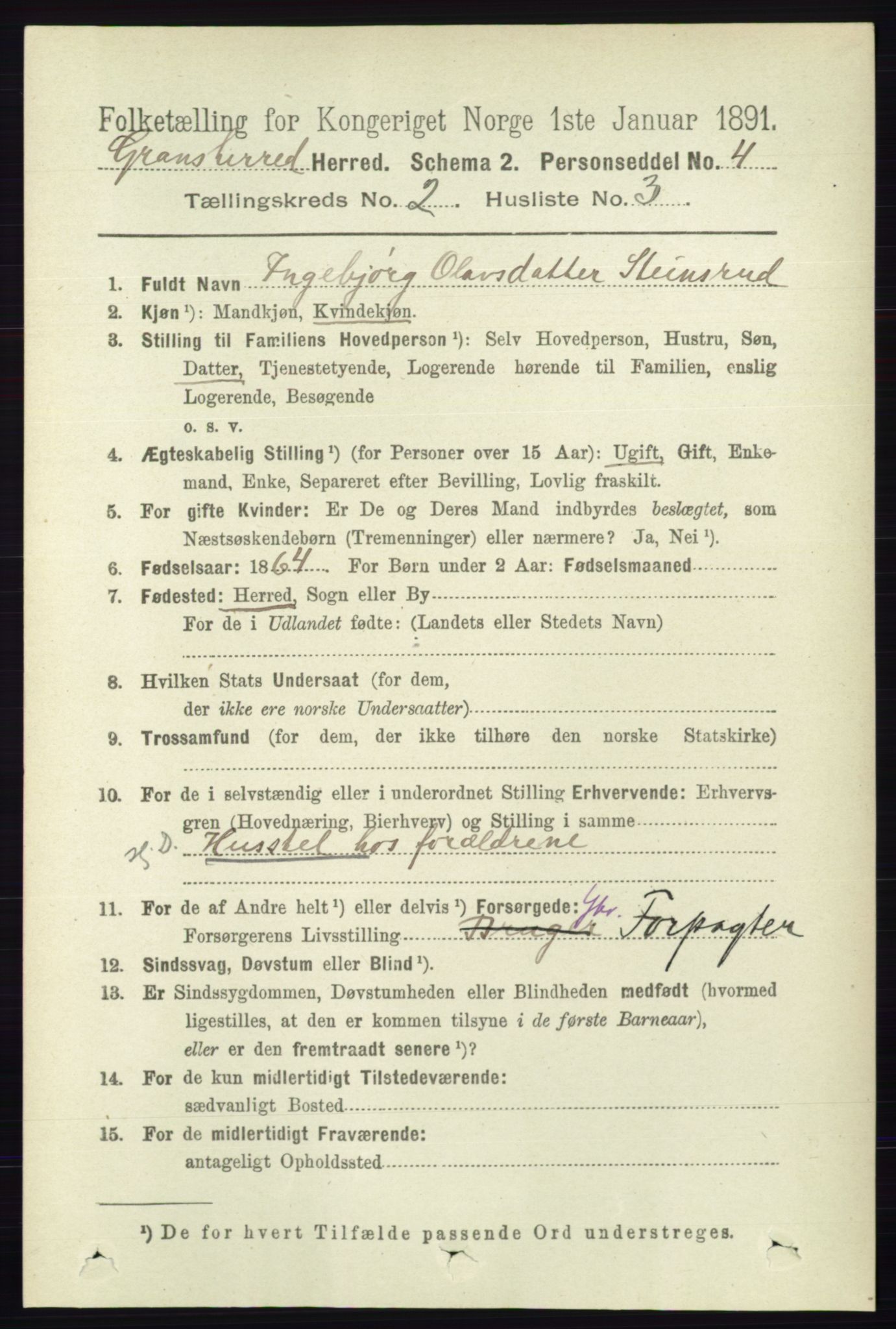 RA, 1891 census for 0824 Gransherad, 1891, p. 305