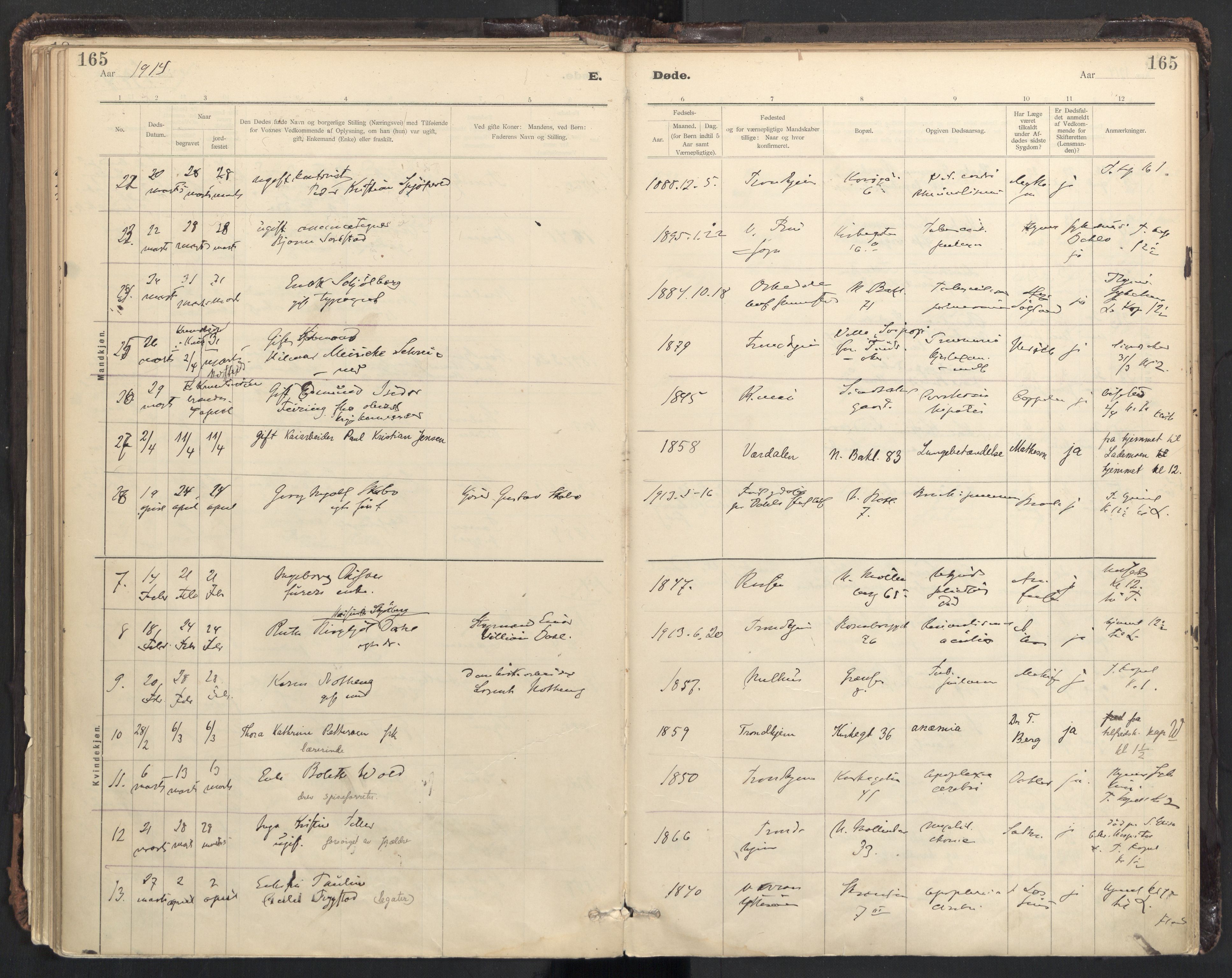 Ministerialprotokoller, klokkerbøker og fødselsregistre - Sør-Trøndelag, AV/SAT-A-1456/604/L0204: Parish register (official) no. 604A24, 1911-1920, p. 165