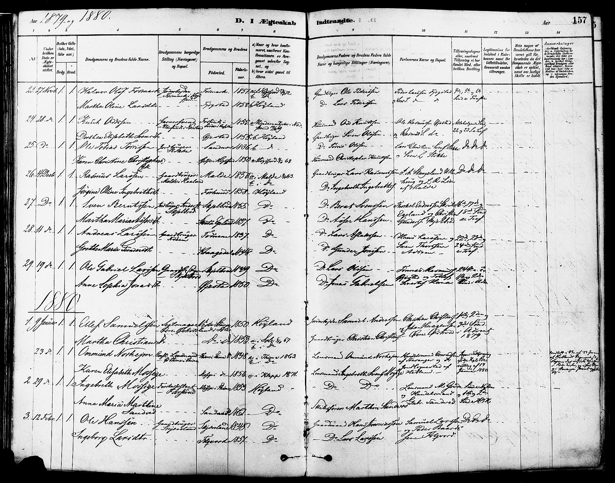 Høyland sokneprestkontor, SAST/A-101799/001/30BA/L0011: Parish register (official) no. A 10, 1878-1888, p. 157