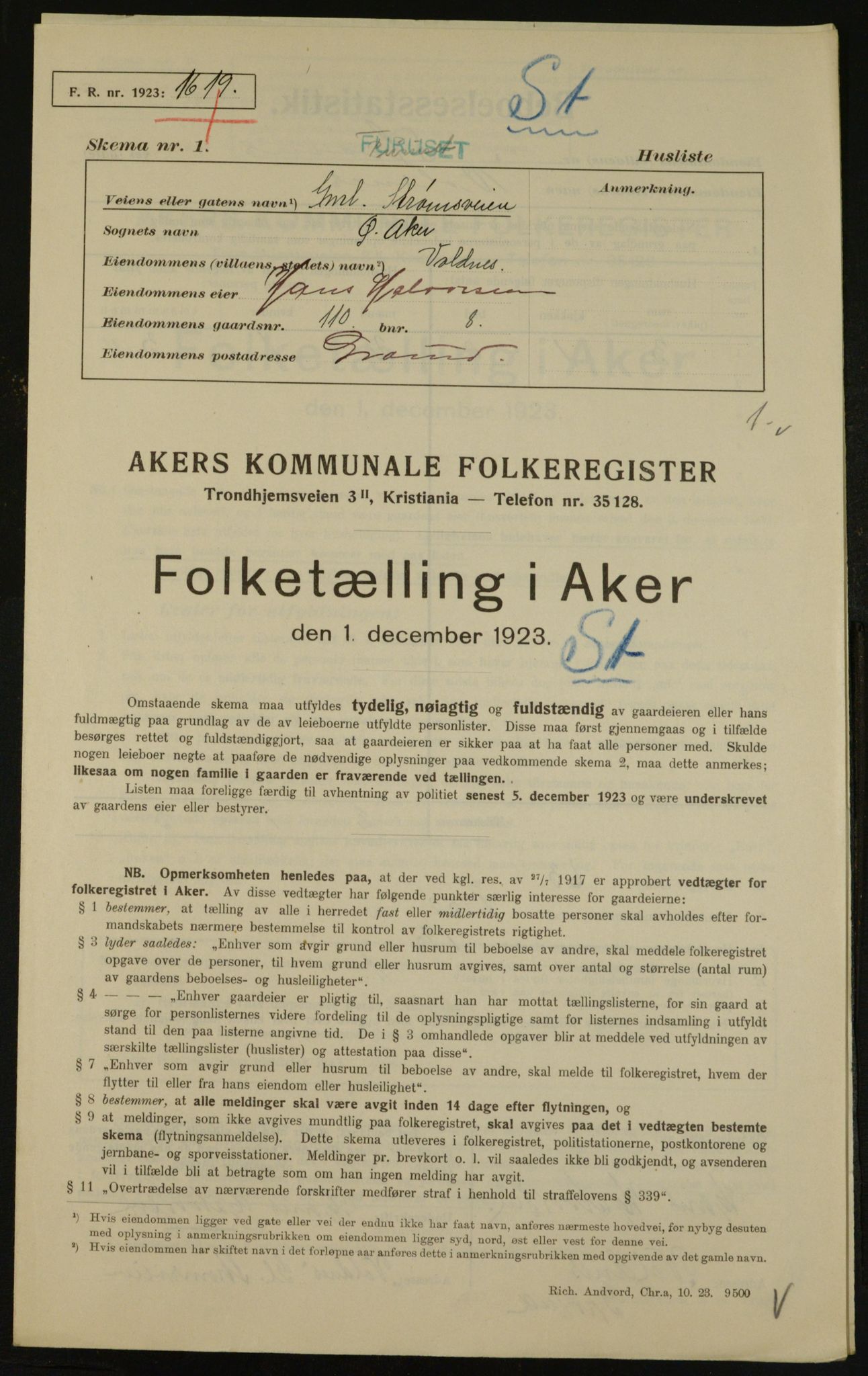 , Municipal Census 1923 for Aker, 1923, p. 32739