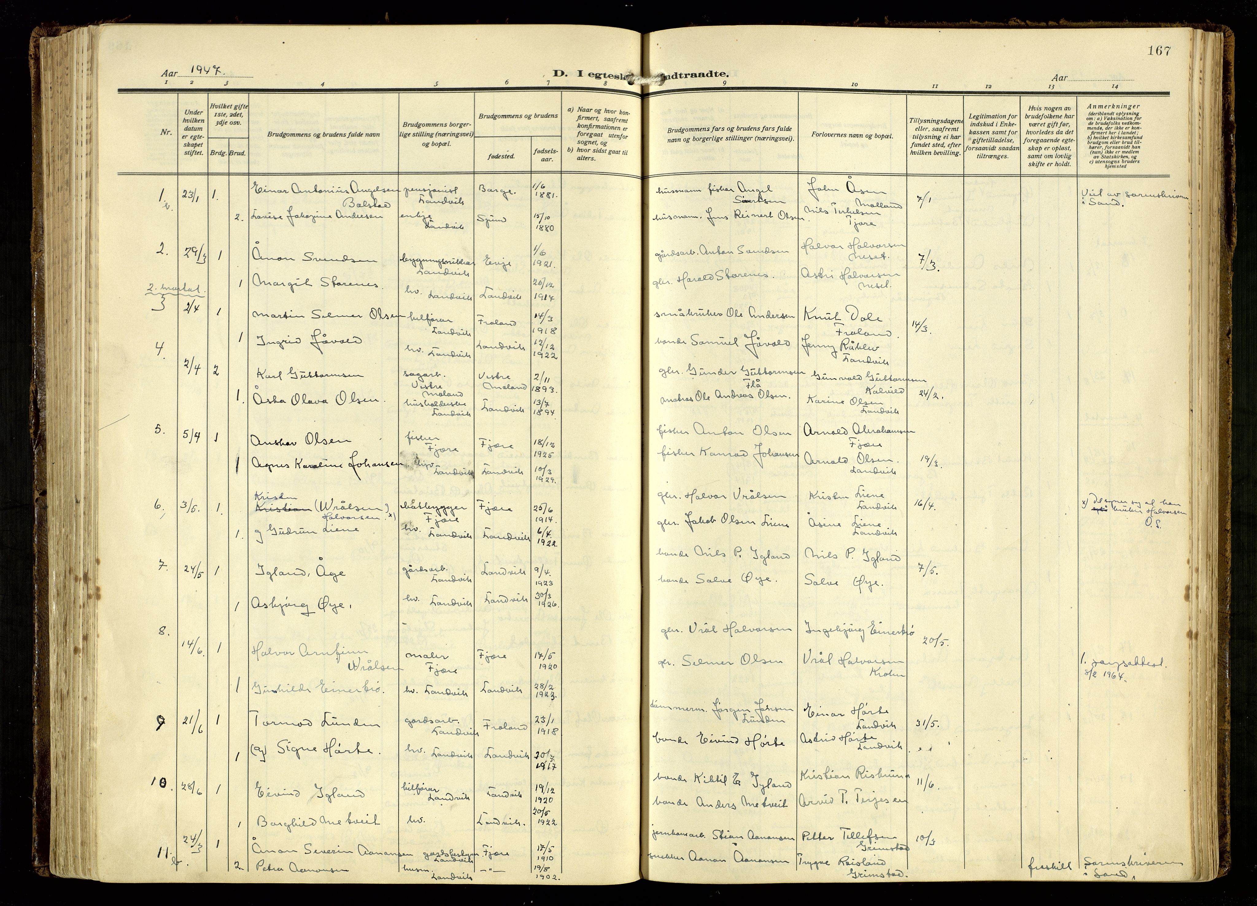 Hommedal sokneprestkontor, AV/SAK-1111-0023/F/Fa/Fab/L0008: Parish register (official) no. A 8, 1925-1956, p. 167