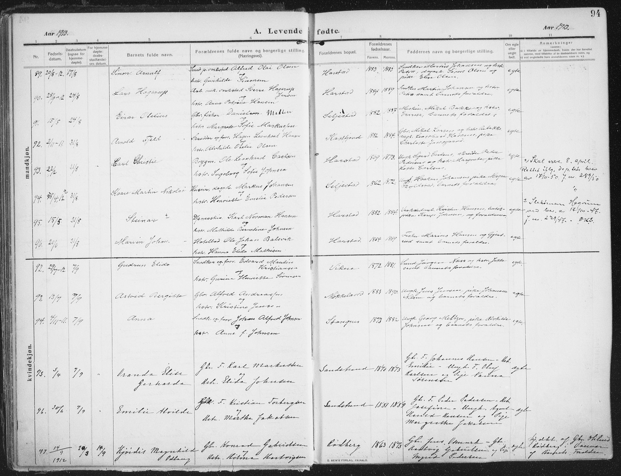 Trondenes sokneprestkontor, SATØ/S-1319/H/Ha/L0018kirke: Parish register (official) no. 18, 1909-1918, p. 94