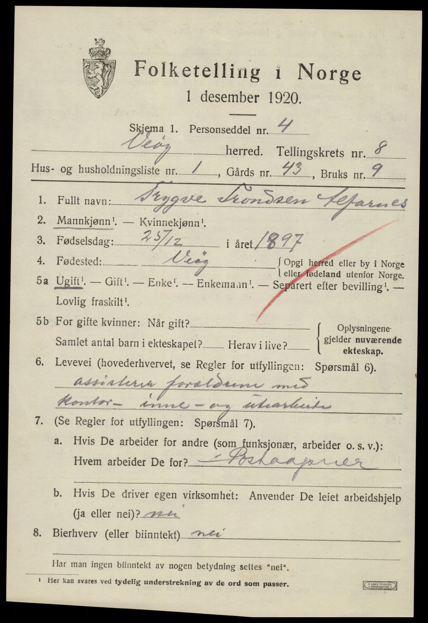 SAT, 1920 census for Veøy, 1920, p. 3545