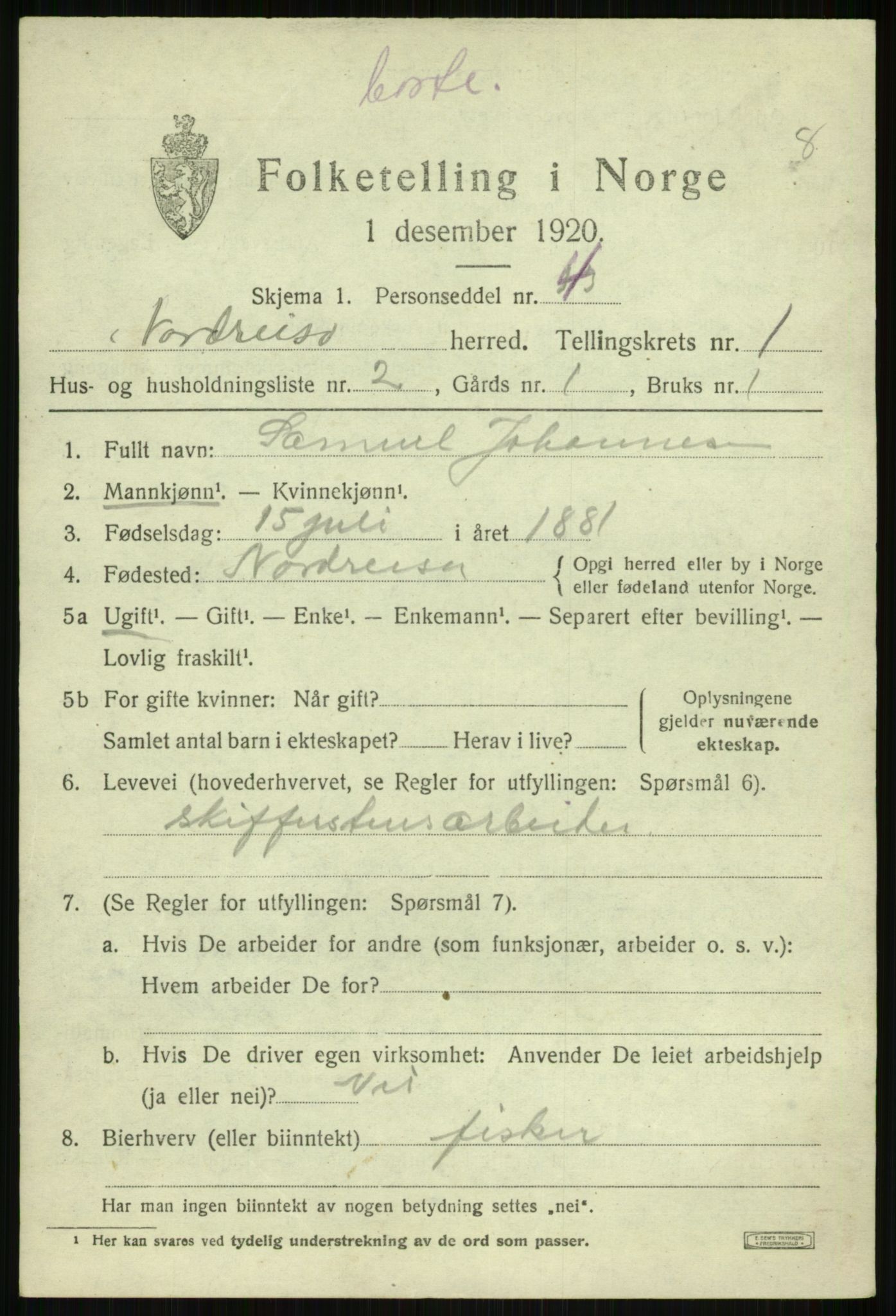 SATØ, 1920 census for Nordreisa, 1920, p. 631