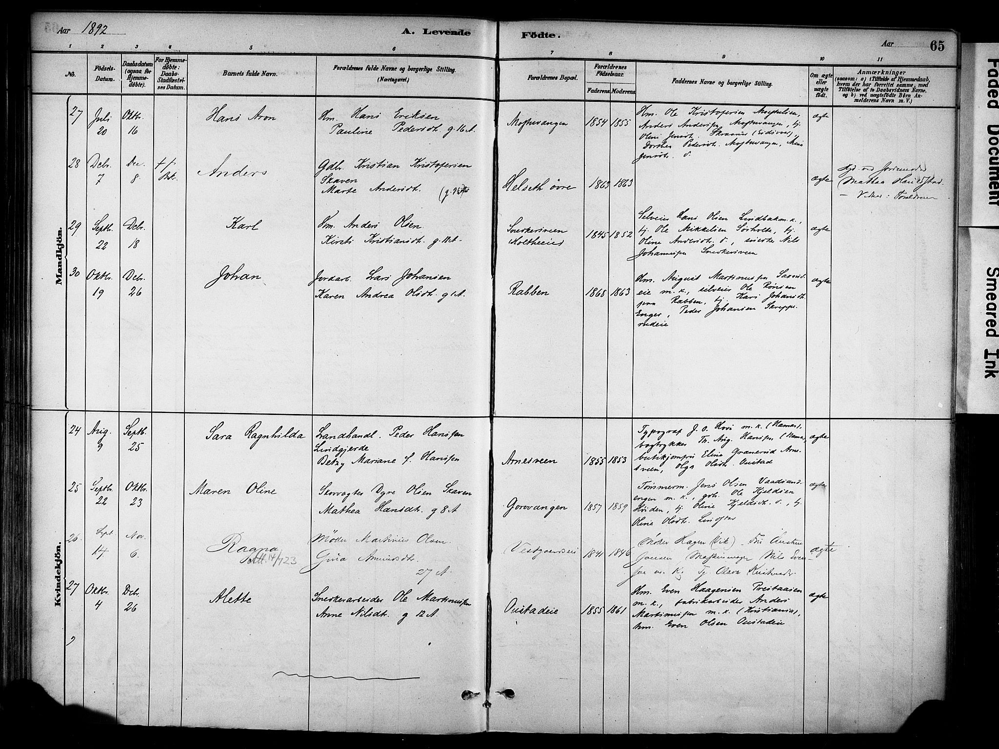 Stange prestekontor, AV/SAH-PREST-002/K/L0018: Parish register (official) no. 18, 1880-1896, p. 65