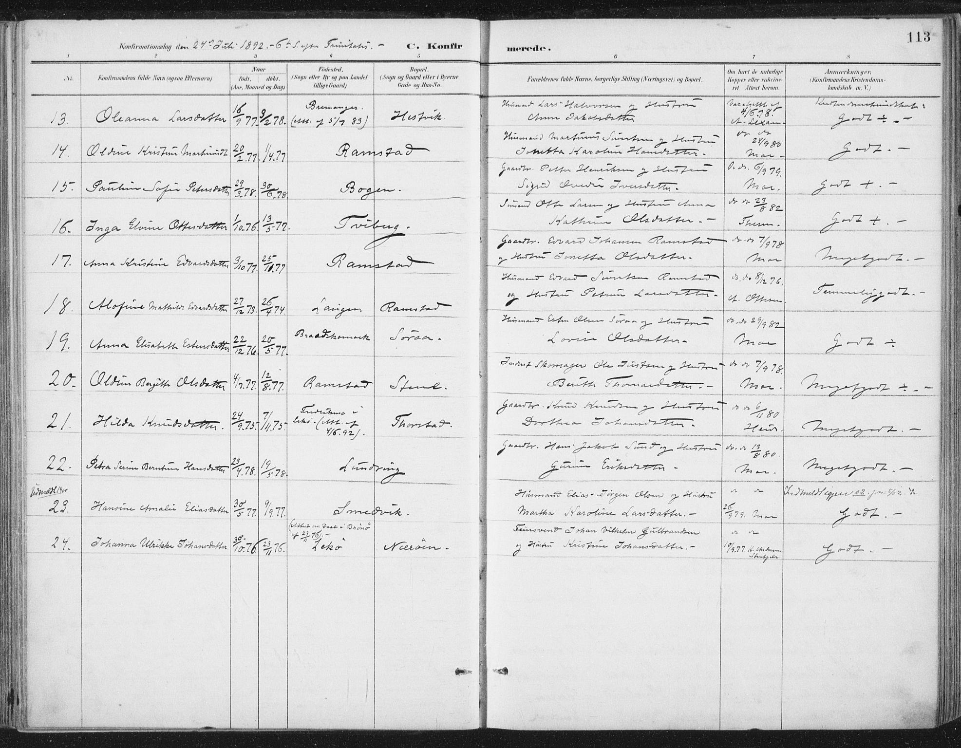 Ministerialprotokoller, klokkerbøker og fødselsregistre - Nord-Trøndelag, AV/SAT-A-1458/784/L0673: Parish register (official) no. 784A08, 1888-1899, p. 113