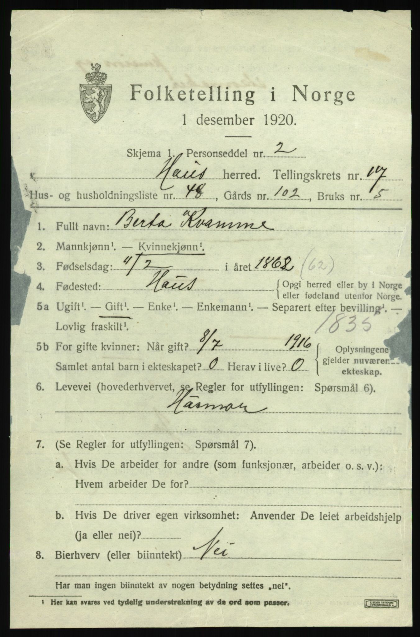 SAB, 1920 census for Haus, 1920, p. 11838