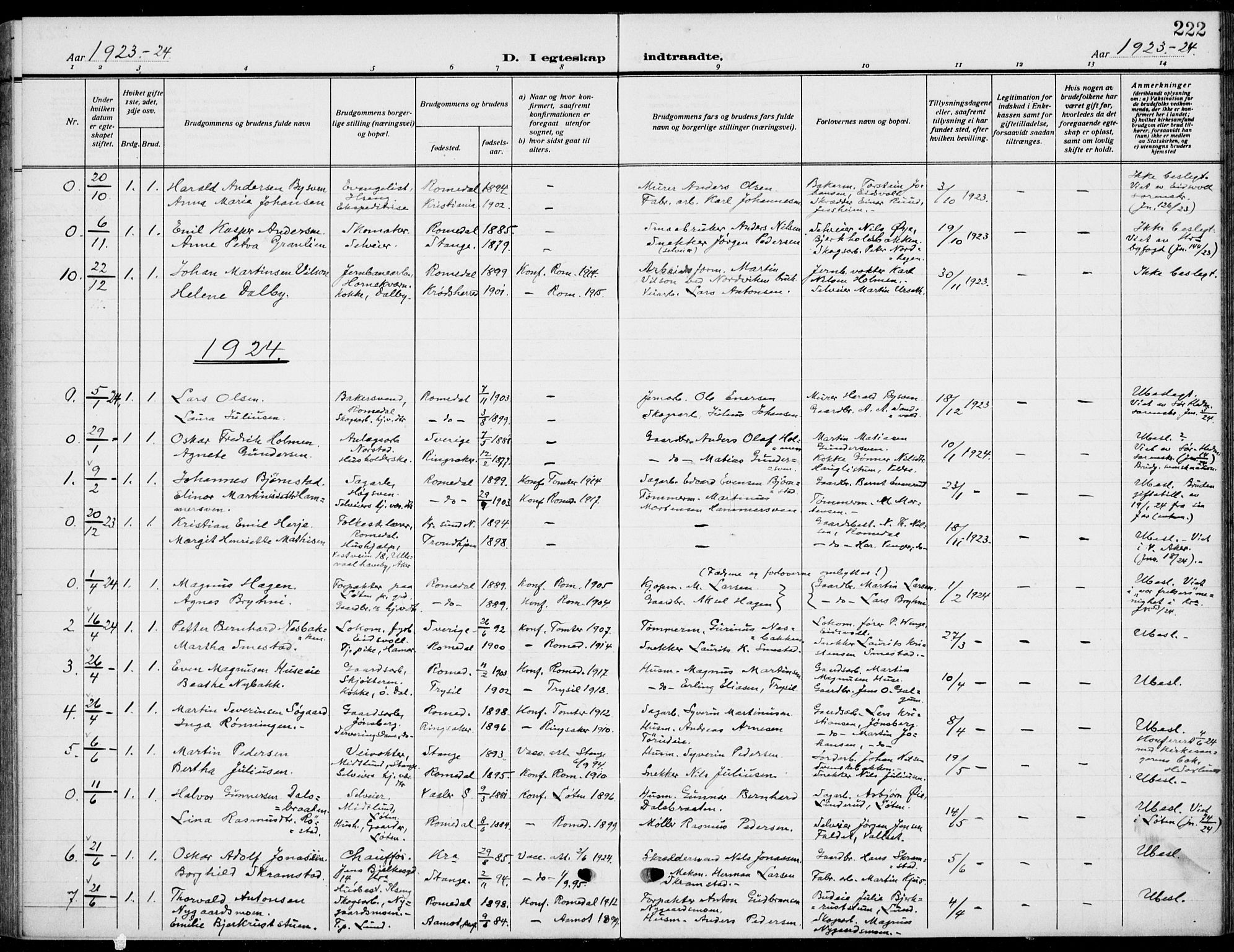 Romedal prestekontor, SAH/PREST-004/K/L0012: Parish register (official) no. 12, 1913-1935, p. 222