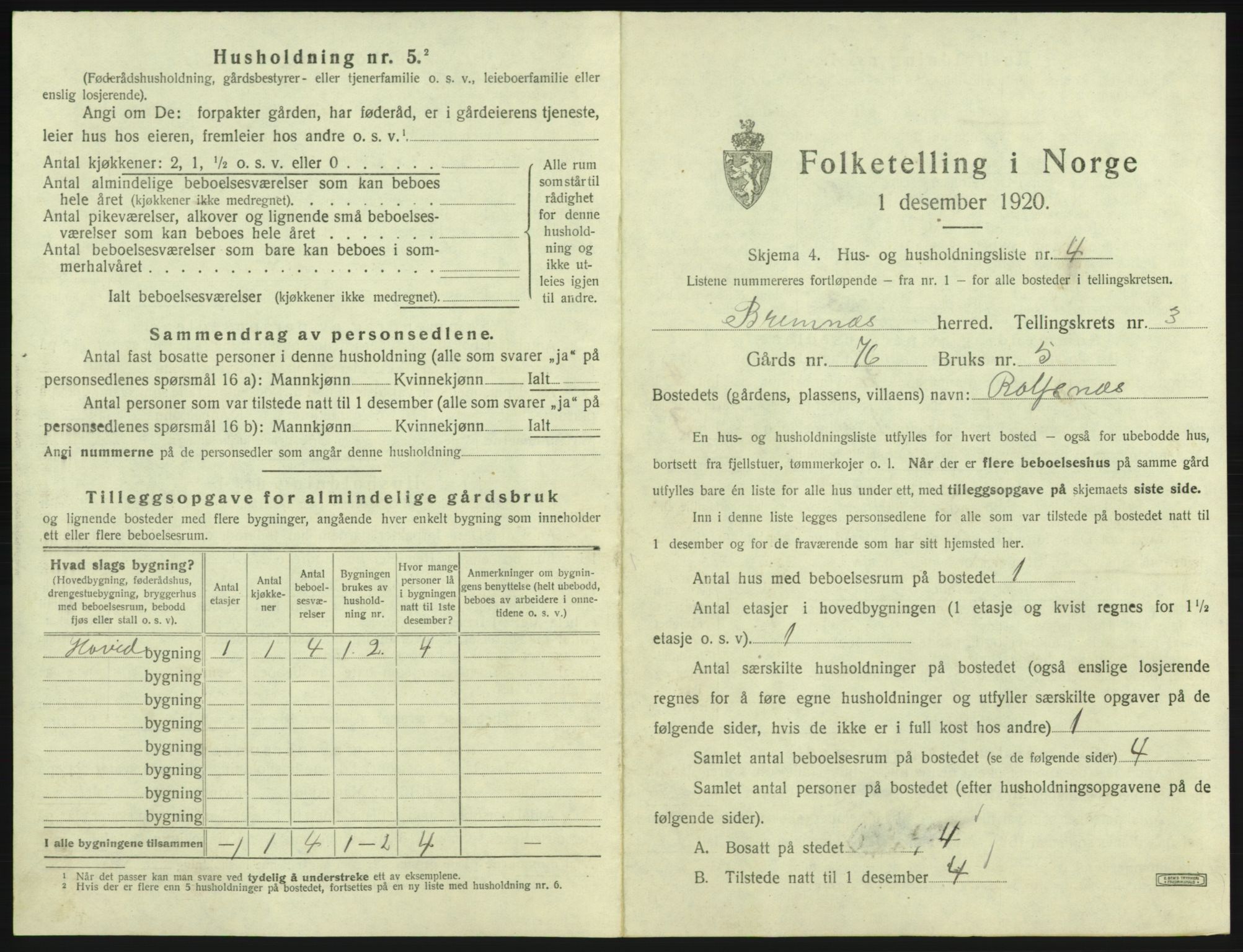 SAB, 1920 census for Bremnes, 1920, p. 125