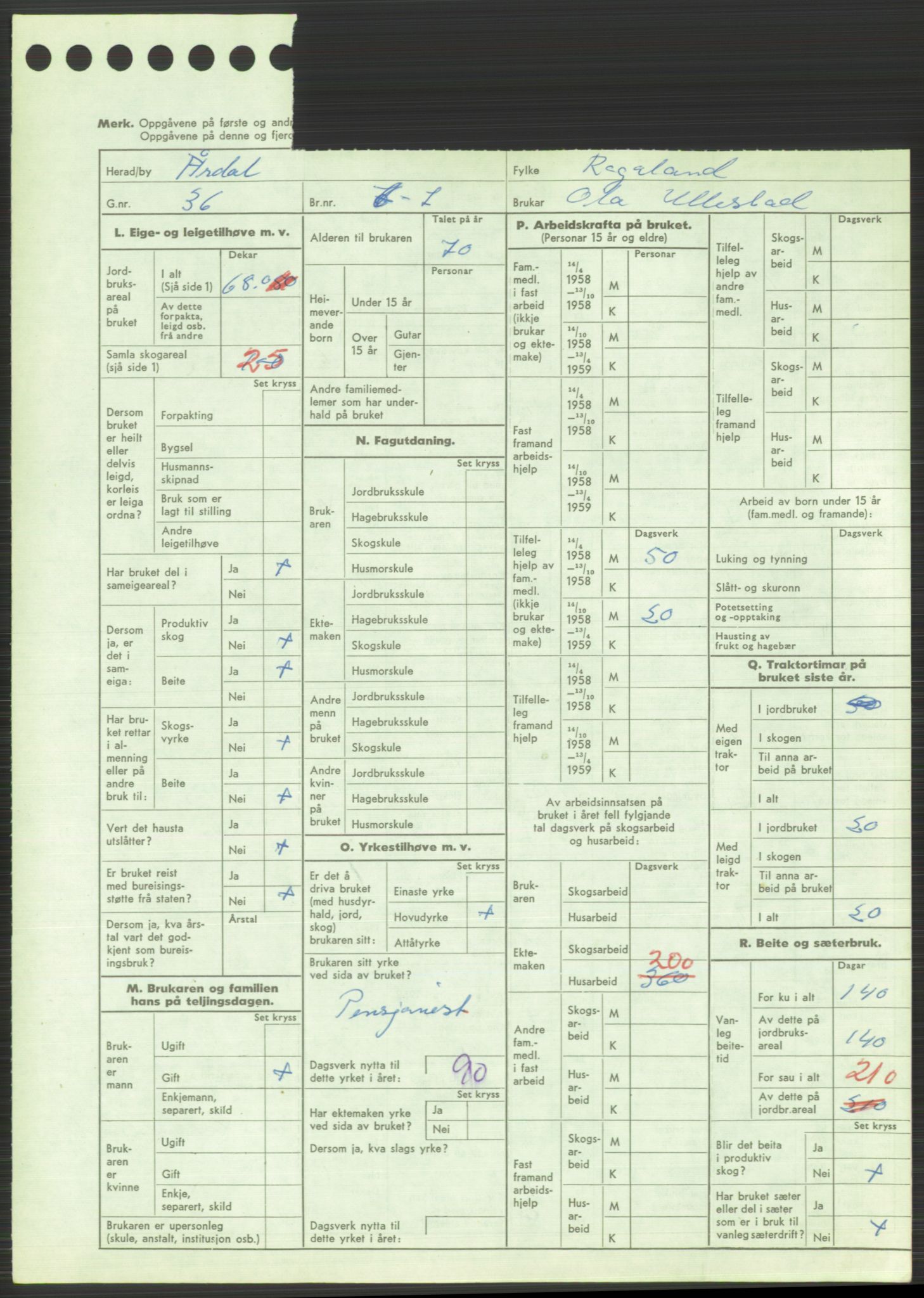 Statistisk sentralbyrå, Næringsøkonomiske emner, Jordbruk, skogbruk, jakt, fiske og fangst, AV/RA-S-2234/G/Gd/L0373: Rogaland: 1130 Strand (kl. 1-2), 1131 Årdal og 1132 Fister, 1959, p. 1321