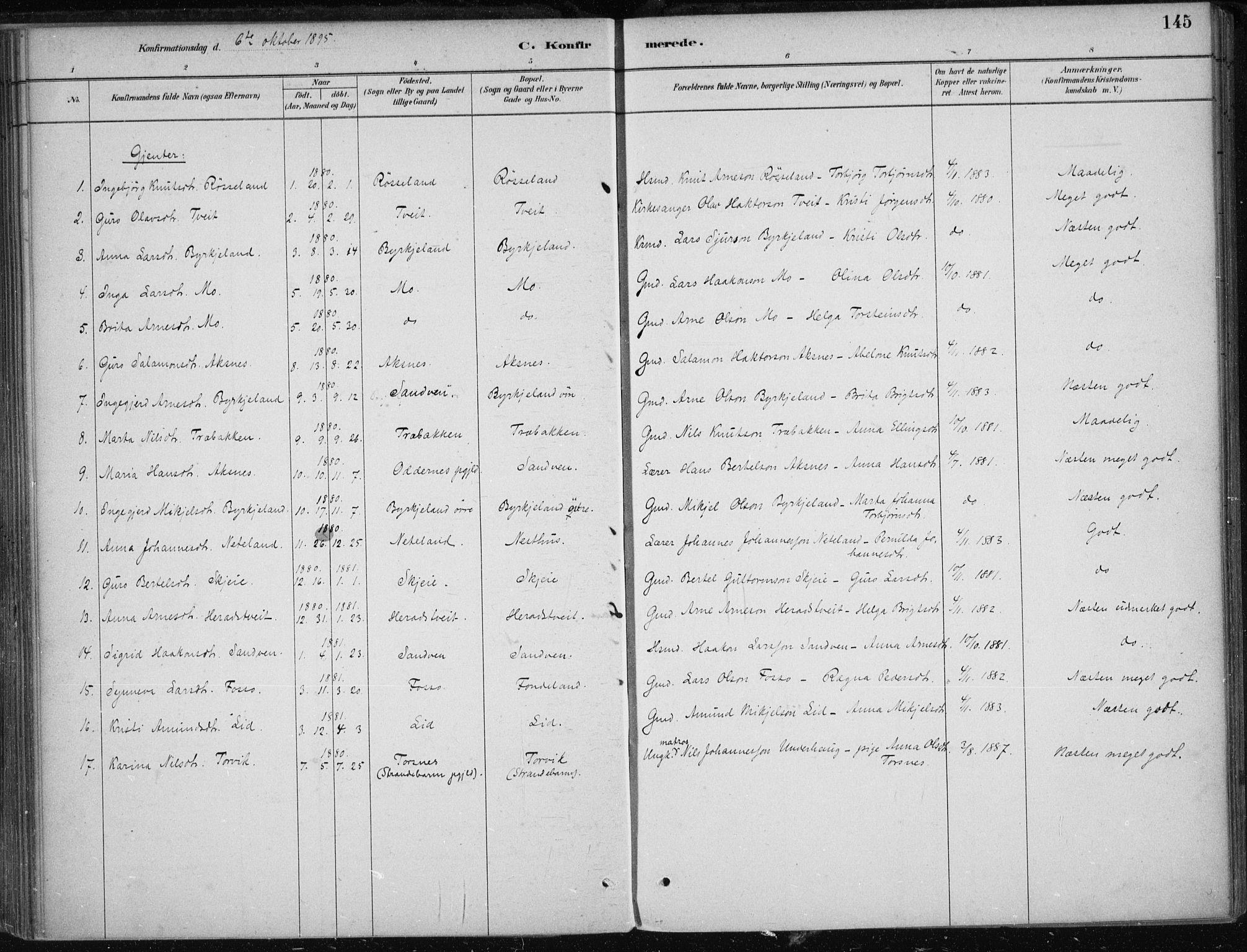 Kvam sokneprestembete, SAB/A-76201/H/Haa: Parish register (official) no. B  1, 1880-1908, p. 145
