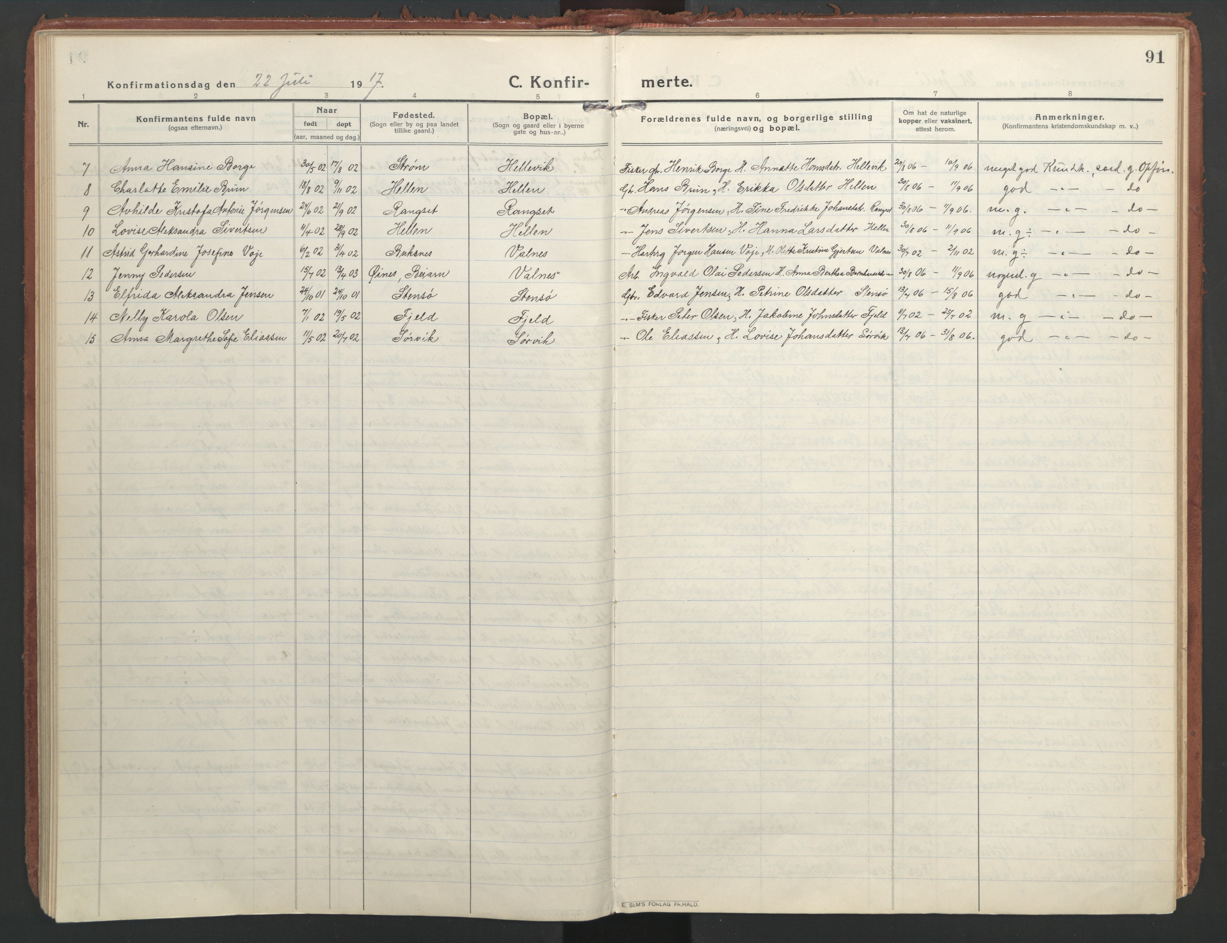 Ministerialprotokoller, klokkerbøker og fødselsregistre - Nordland, AV/SAT-A-1459/804/L0086: Parish register (official) no. 804A07, 1916-1935, p. 91