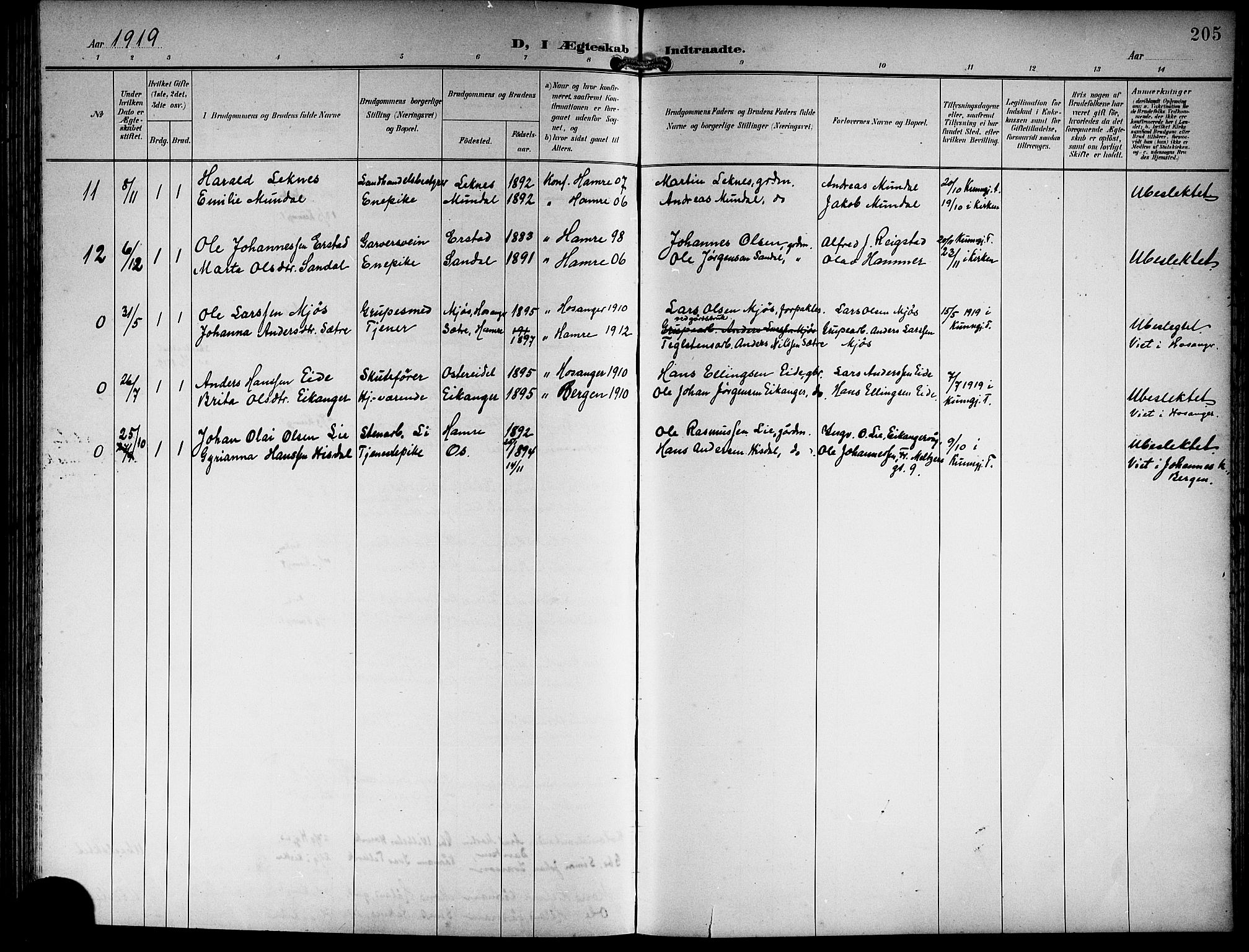 Hamre sokneprestembete, AV/SAB-A-75501/H/Ha/Hab: Parish register (copy) no. B 4, 1898-1919, p. 205