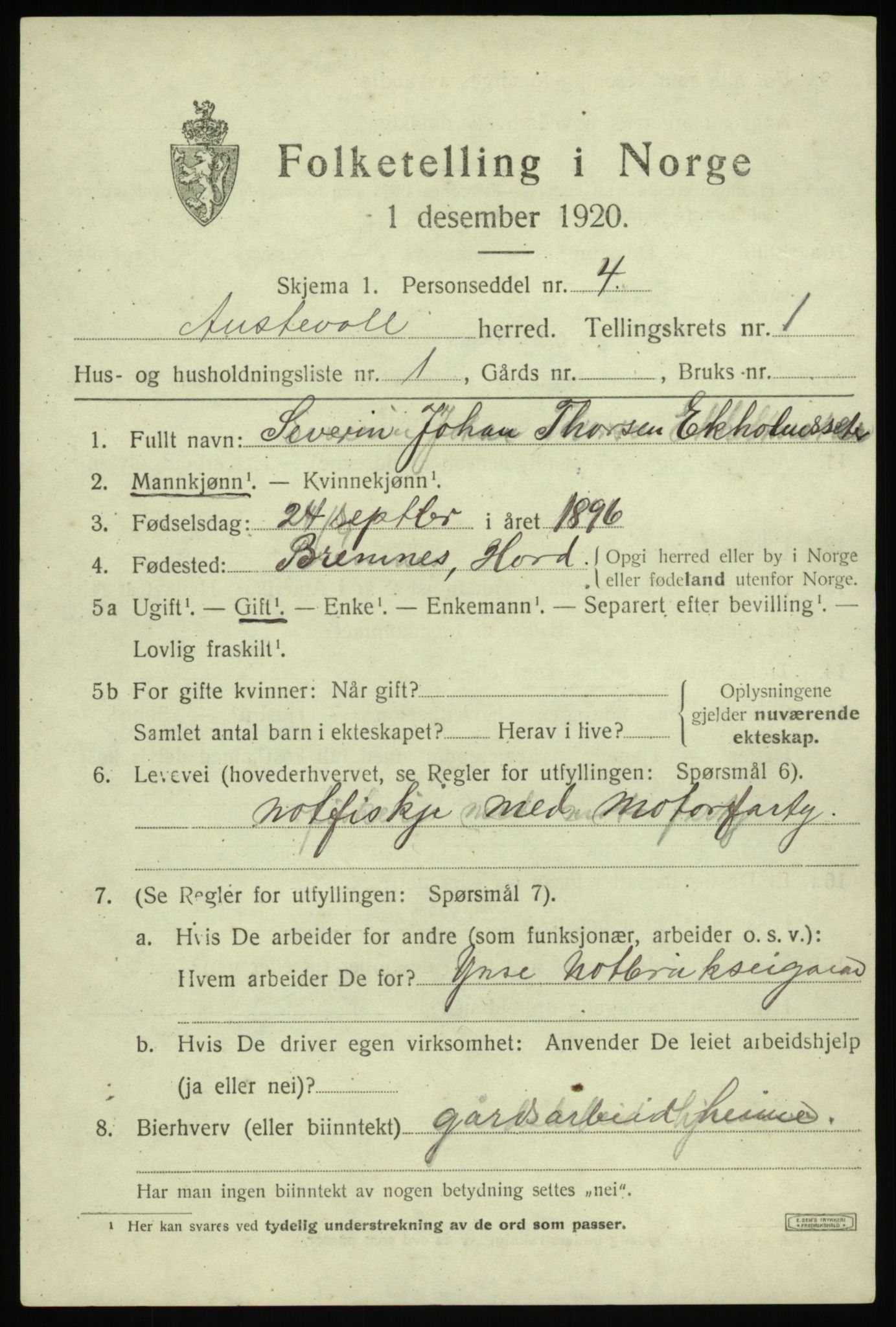 SAB, 1920 census for Austevoll, 1920, p. 906