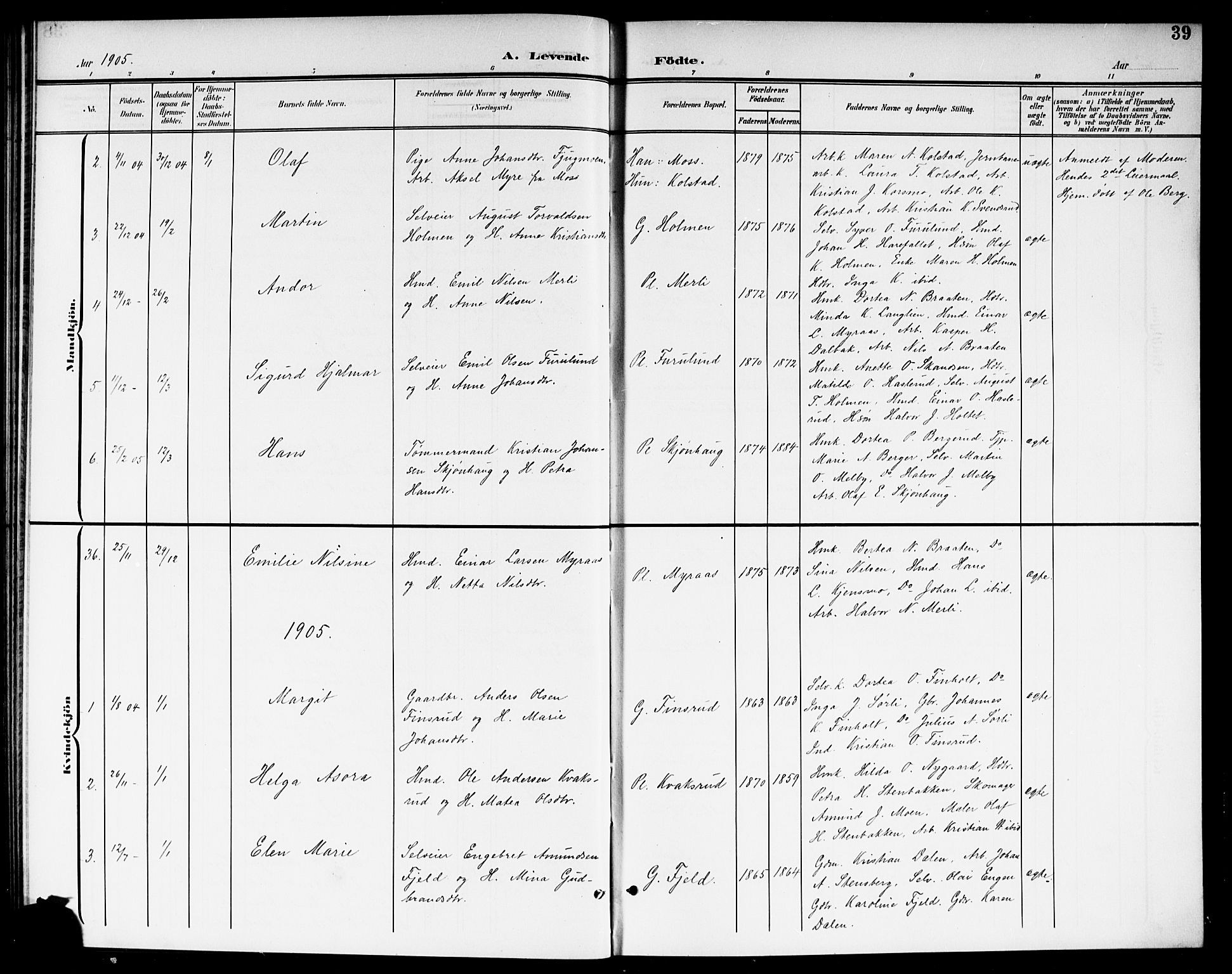 Aurskog prestekontor Kirkebøker, SAO/A-10304a/G/Ga/L0004: Parish register (copy) no. I 4, 1901-1921, p. 39