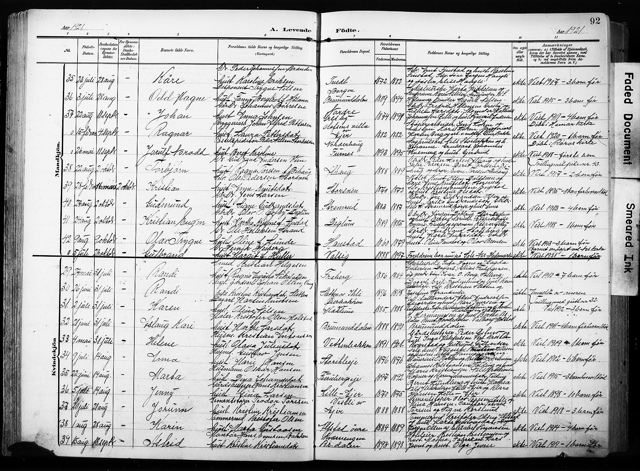 Furnes prestekontor, AV/SAH-PREST-012/L/La/L0001: Parish register (copy) no. 1, 1904-1933, p. 92