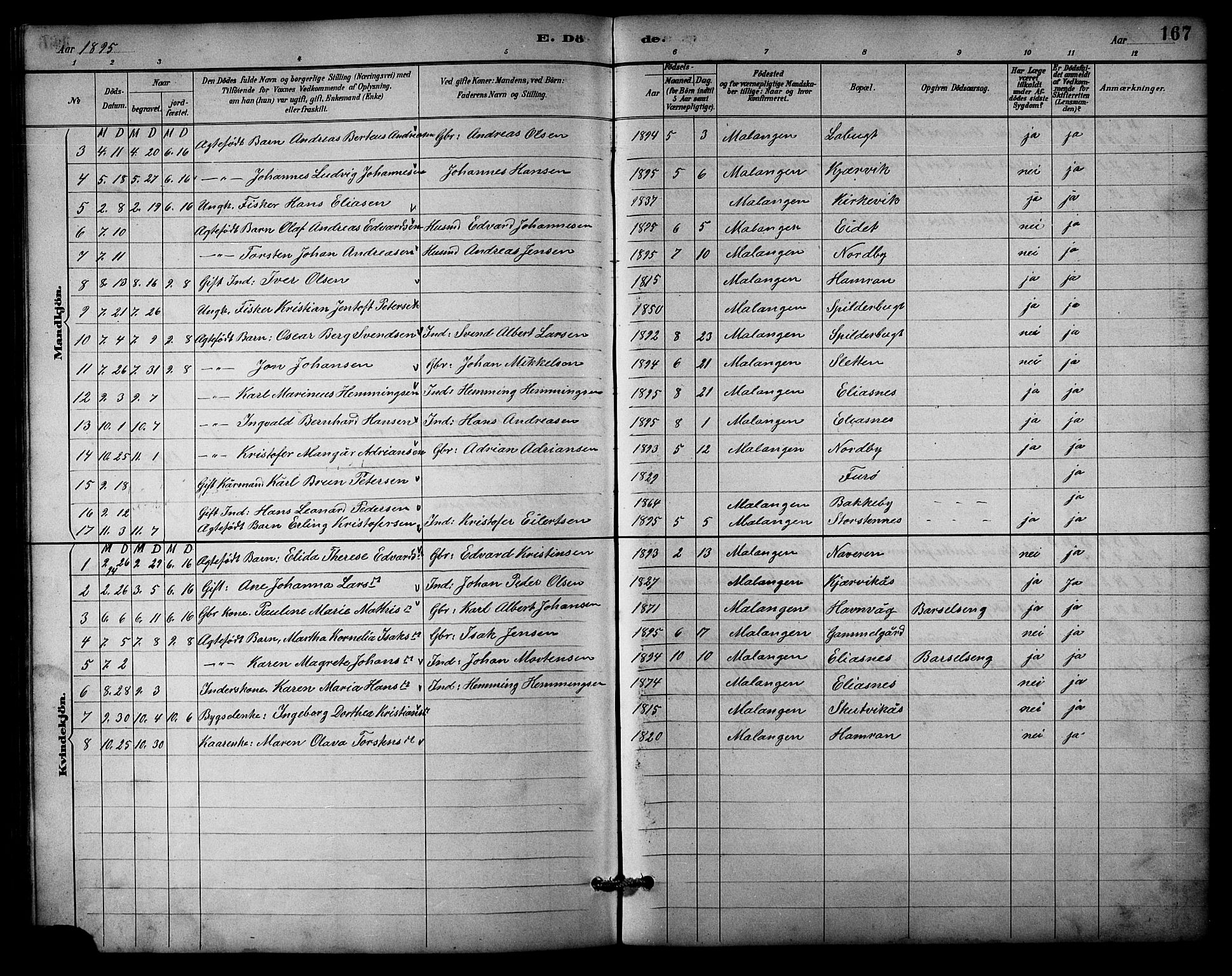 Balsfjord sokneprestembete, AV/SATØ-S-1303/G/Gab/L0003klokker: Parish register (copy) no. 3, 1887-1909, p. 167