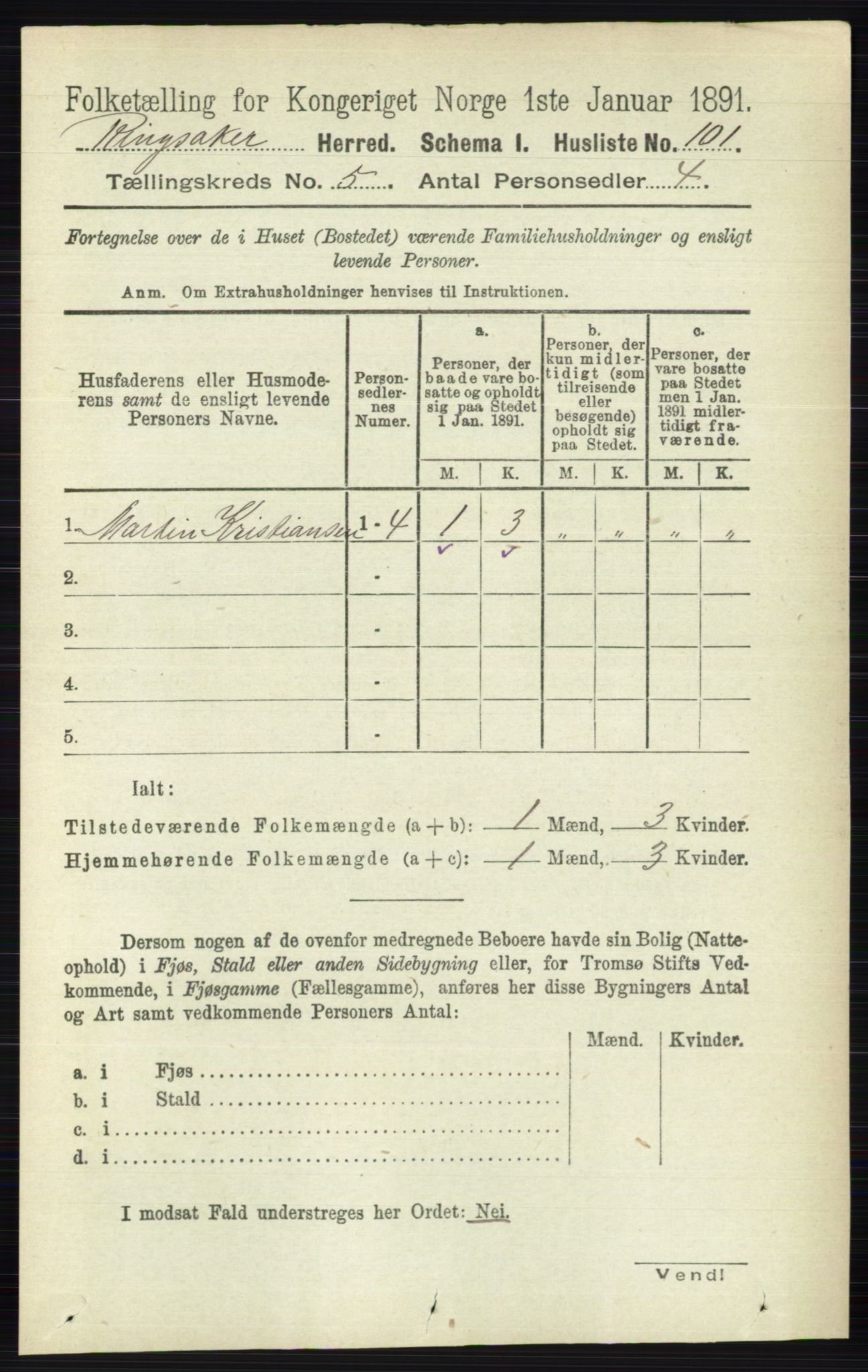 RA, 1891 census for 0412 Ringsaker, 1891, p. 2396