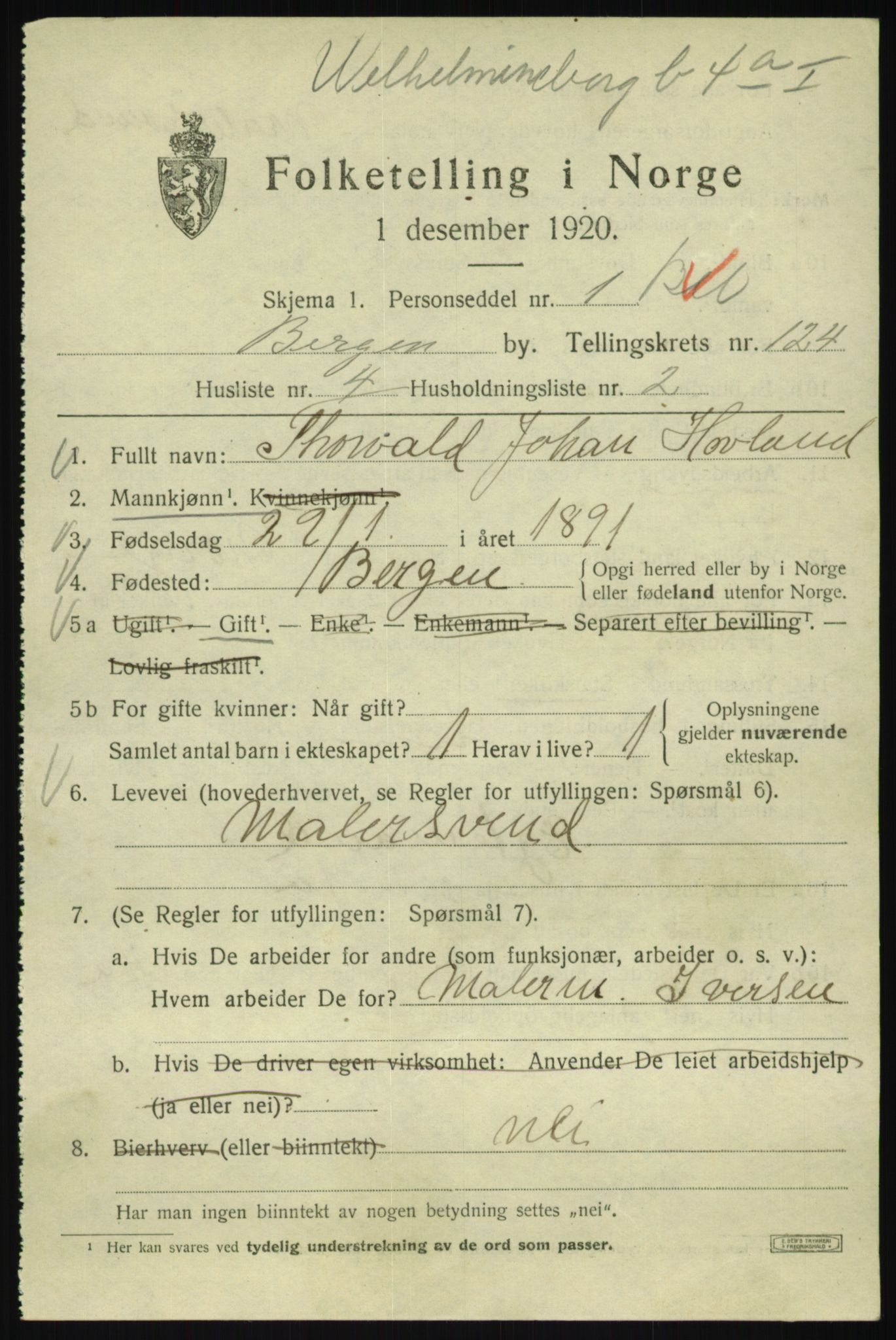 SAB, 1920 census for Bergen, 1920, p. 209275