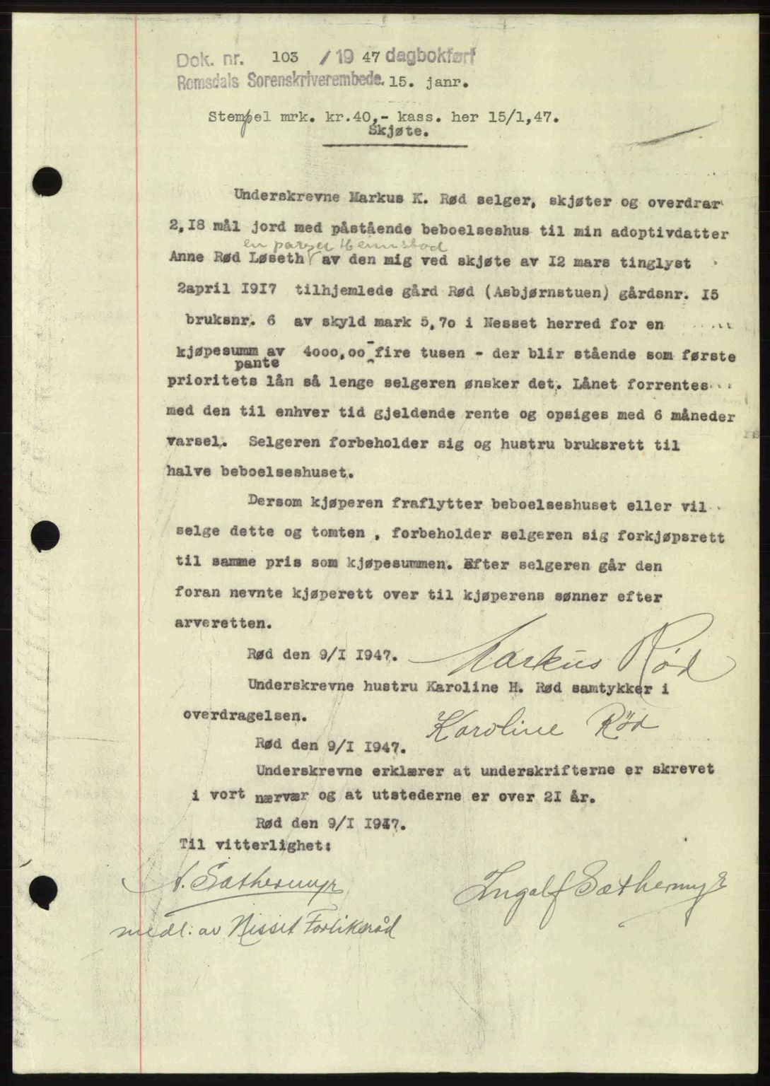 Romsdal sorenskriveri, AV/SAT-A-4149/1/2/2C: Mortgage book no. A22, 1947-1947, Diary no: : 103/1947