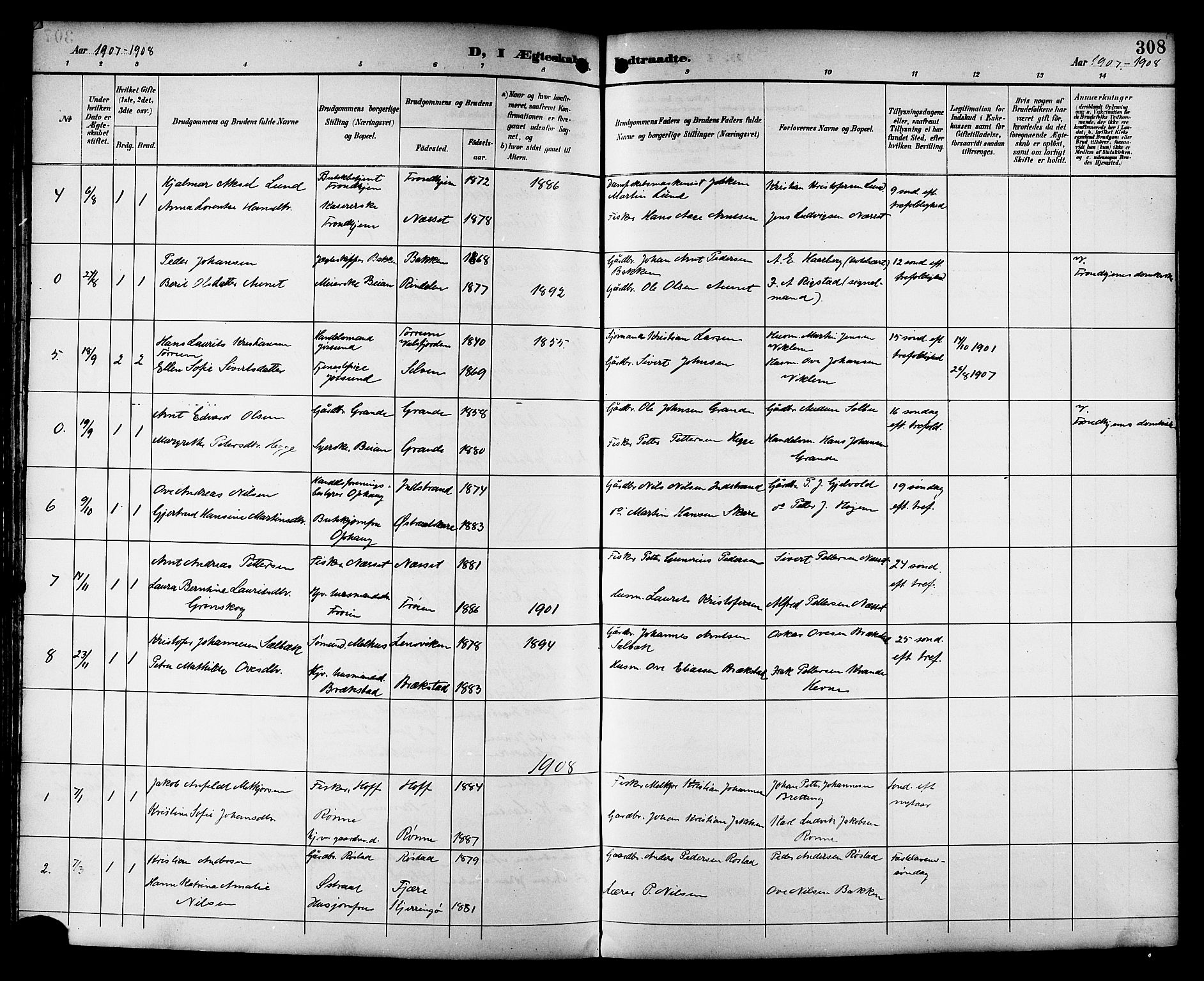 Ministerialprotokoller, klokkerbøker og fødselsregistre - Sør-Trøndelag, SAT/A-1456/659/L0746: Parish register (copy) no. 659C03, 1893-1912, p. 308