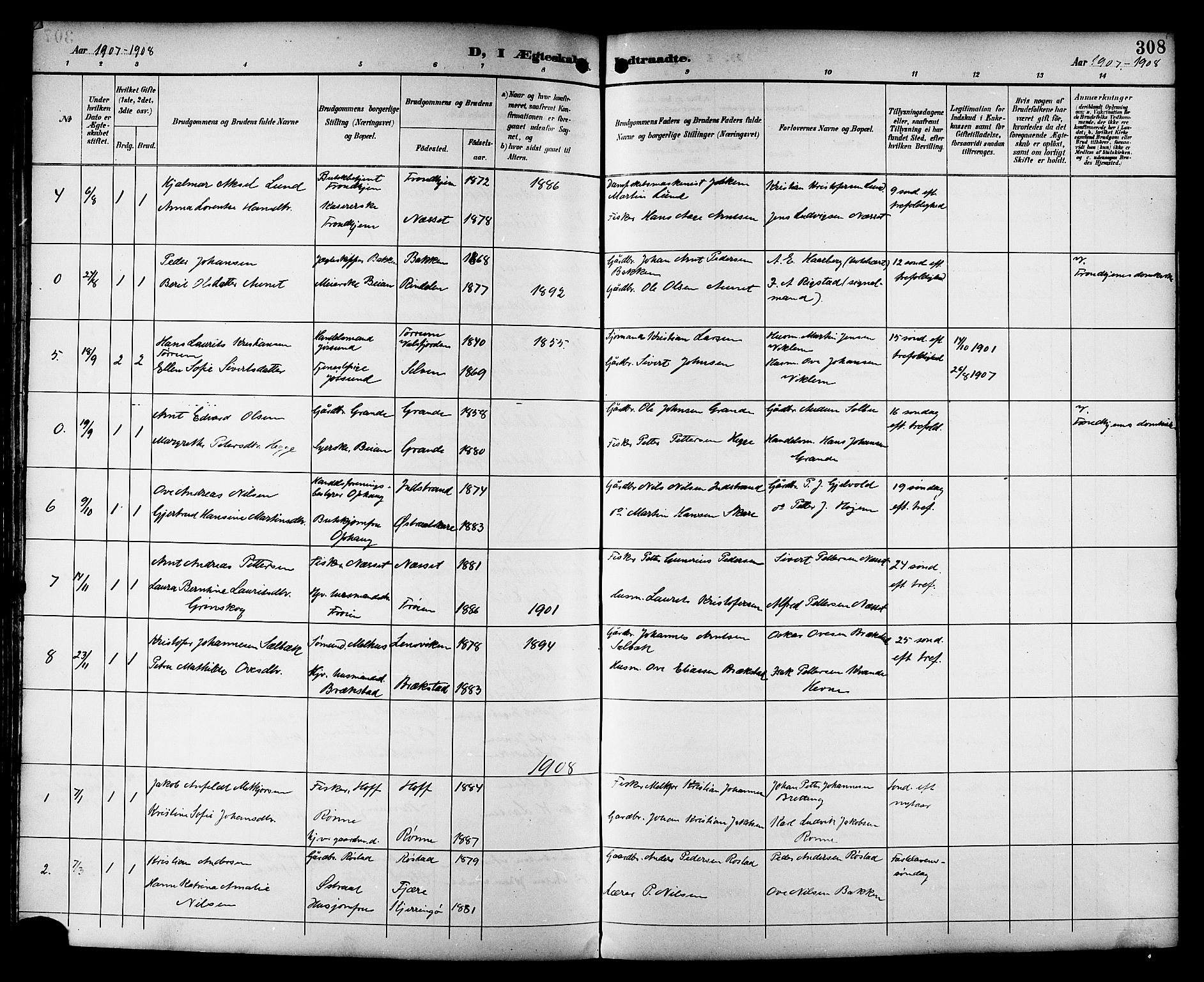 Ministerialprotokoller, klokkerbøker og fødselsregistre - Sør-Trøndelag, AV/SAT-A-1456/659/L0746: Parish register (copy) no. 659C03, 1893-1912, p. 308
