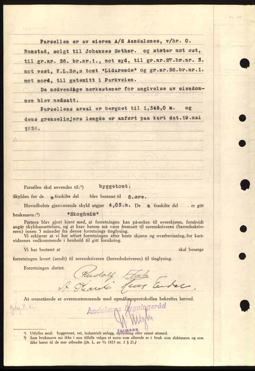 Romsdal sorenskriveri, AV/SAT-A-4149/1/2/2C: Mortgage book no. A1, 1936-1936, Diary no: : 1214/1936