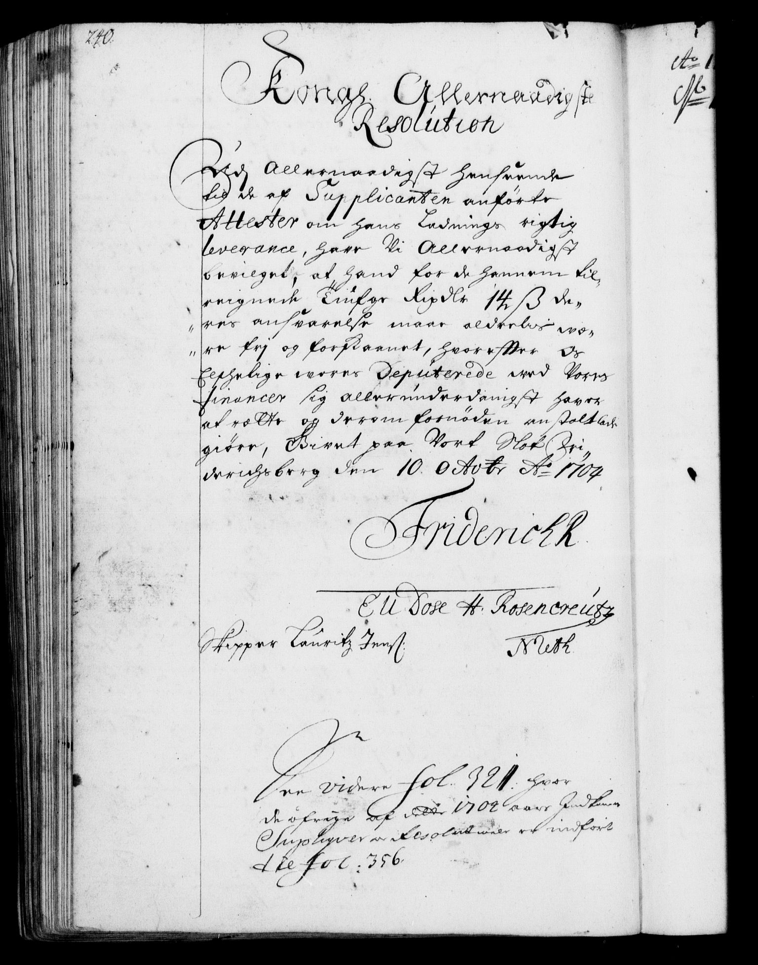 Rentekammeret, Kammerkanselliet, RA/EA-3111/G/Gf/Gfa/L0001: Resolusjonsprotokoll med register (merket RK 52.1), 1695-1706, p. 240