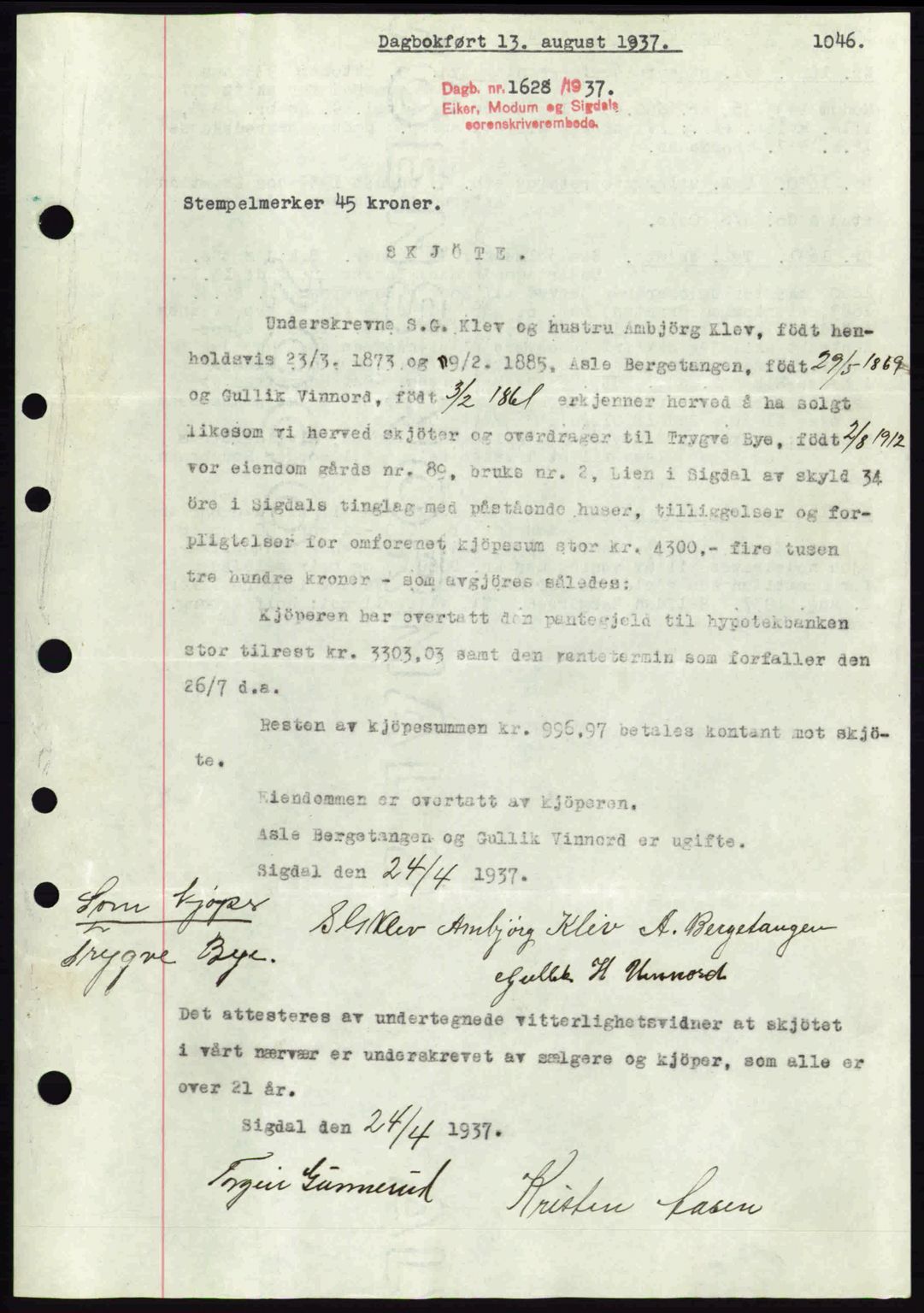 Eiker, Modum og Sigdal sorenskriveri, SAKO/A-123/G/Ga/Gab/L0035: Mortgage book no. A5, 1937-1937, Diary no: : 1628/1937