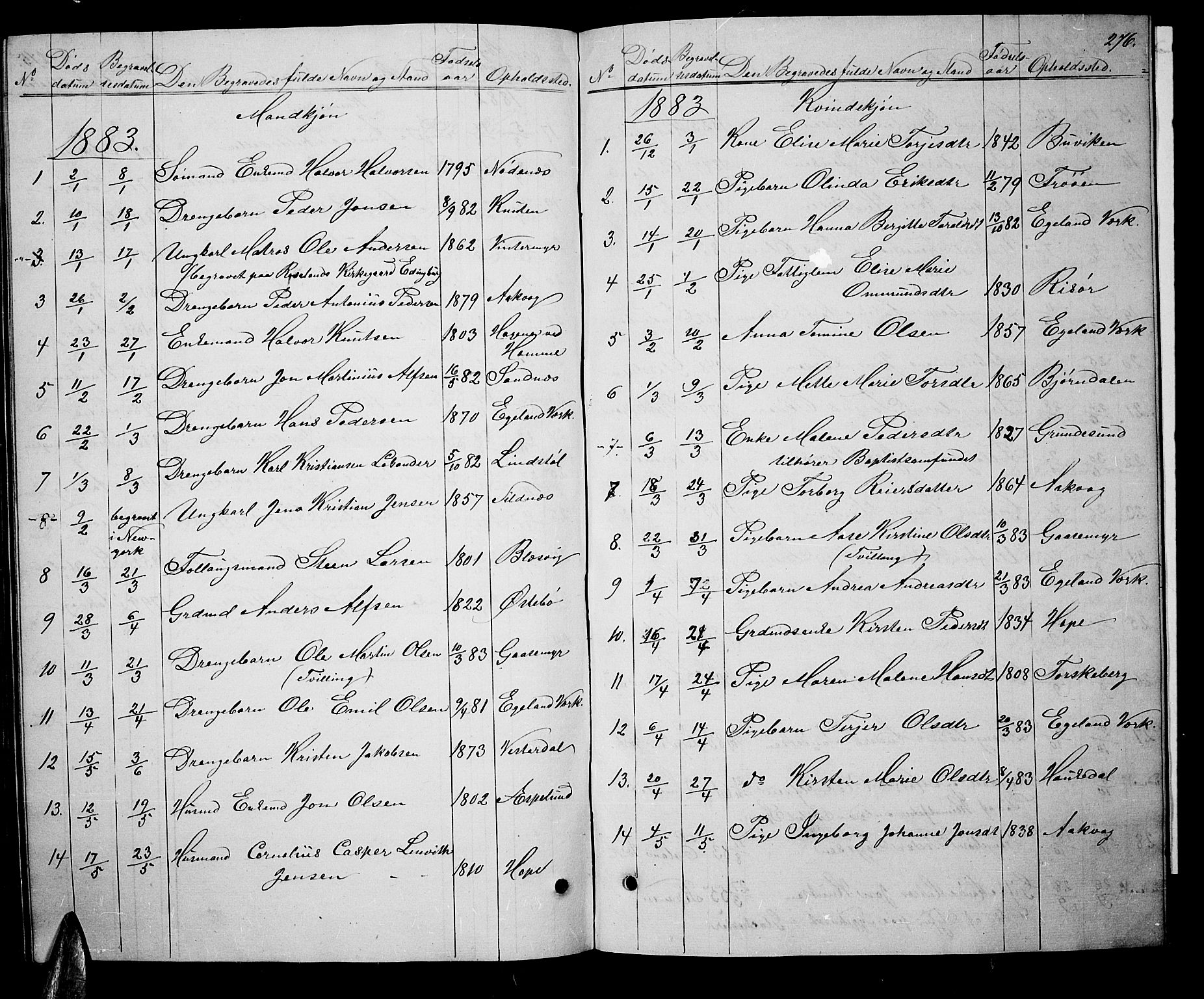Søndeled sokneprestkontor, SAK/1111-0038/F/Fb/L0004: Parish register (copy) no. B 4, 1857-1884, p. 276