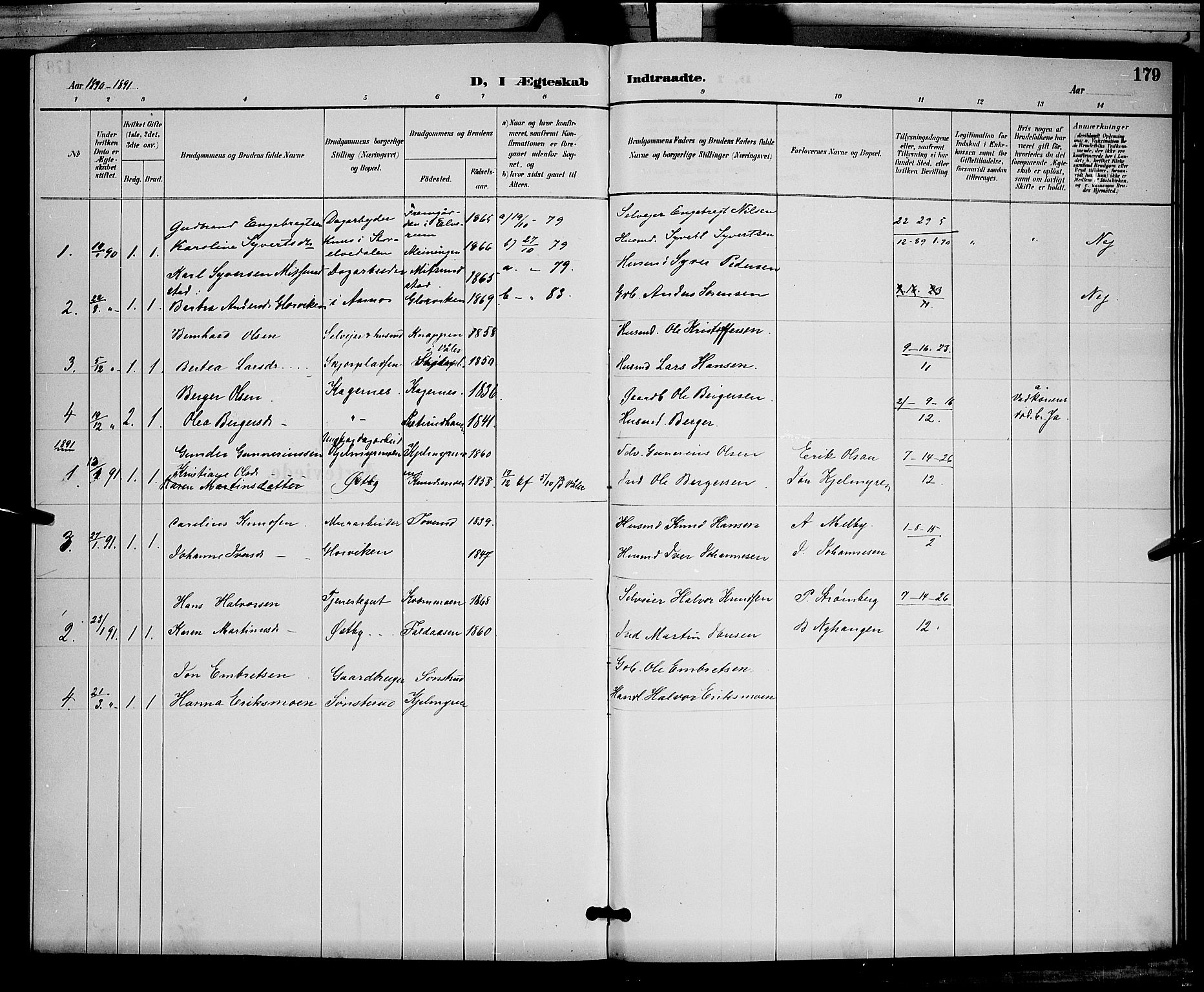Åsnes prestekontor, SAH/PREST-042/H/Ha/Hab/L0002: Parish register (copy) no. 2, 1890-1891, p. 179