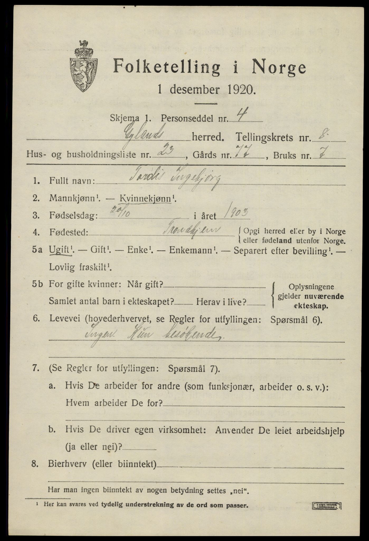 SAK, 1920 census for Gyland, 1920, p. 1980