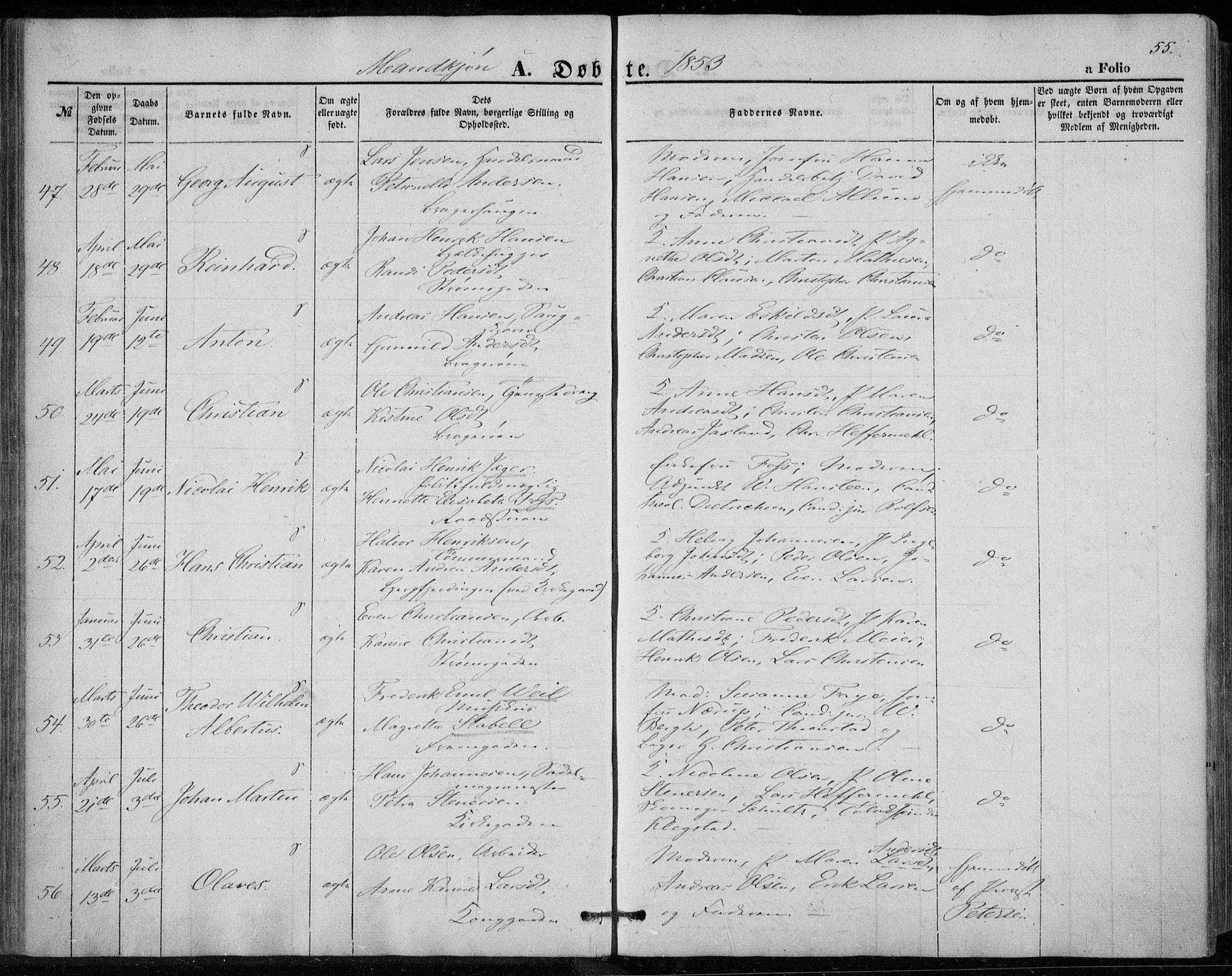 Bragernes kirkebøker, AV/SAKO-A-6/F/Fb/L0002: Parish register (official) no. II 2, 1848-1859, p. 55