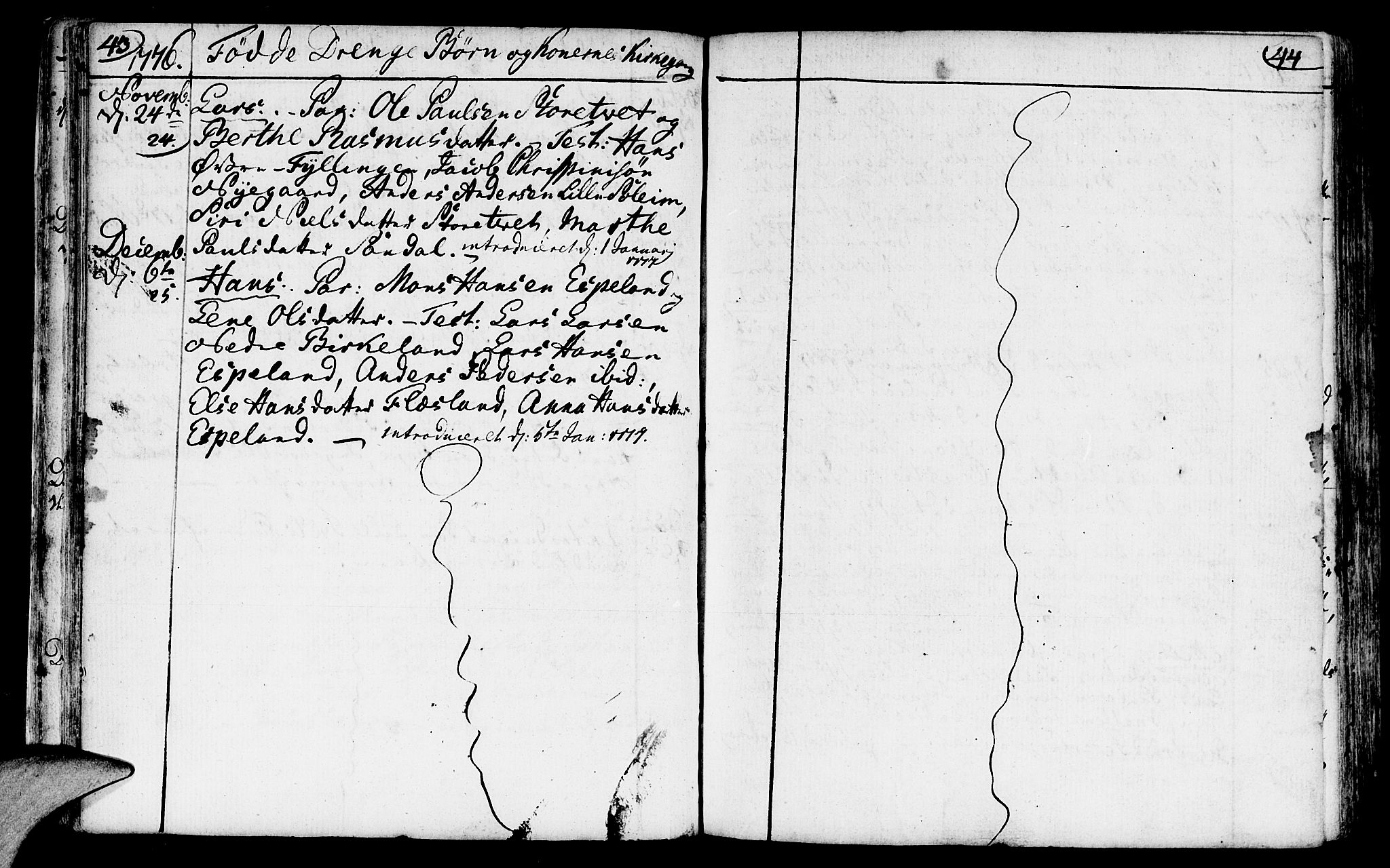 Fana Sokneprestembete, AV/SAB-A-75101/H/Haa/Haaa/L0005: Parish register (official) no. A 5, 1773-1799, p. 43-44