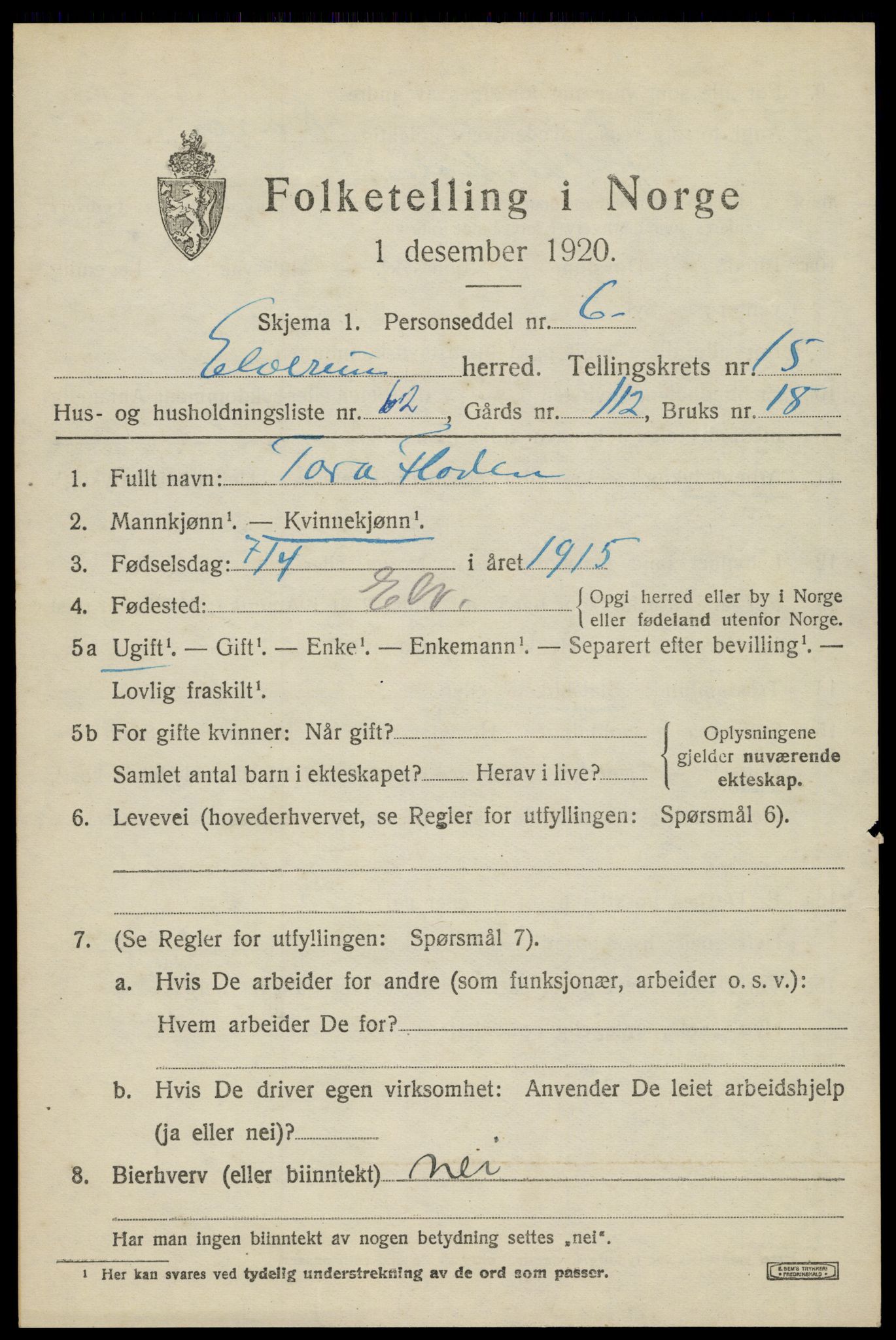 SAH, 1920 census for Elverum, 1920, p. 19914