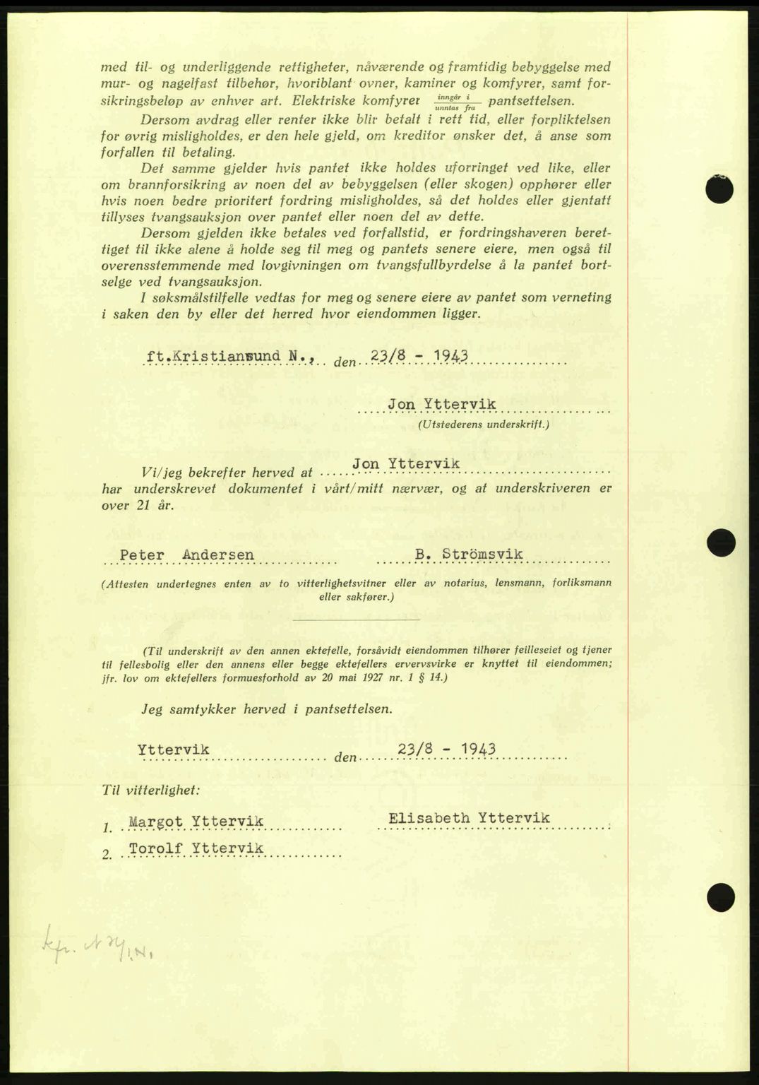 Nordmøre sorenskriveri, AV/SAT-A-4132/1/2/2Ca: Mortgage book no. B91, 1943-1944, Diary no: : 1897/1943