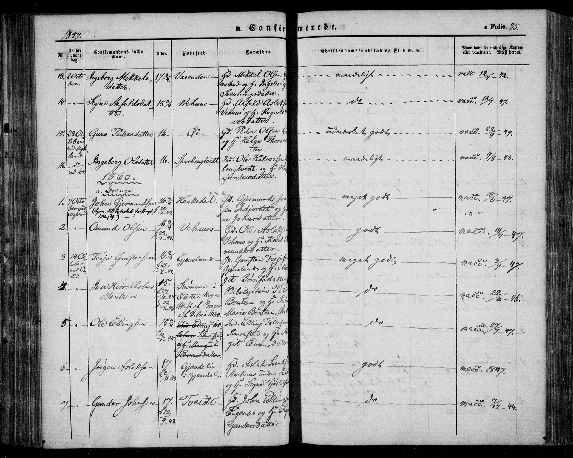 Åmli sokneprestkontor, SAK/1111-0050/F/Fa/Fac/L0008: Parish register (official) no. A 8, 1852-1869, p. 85