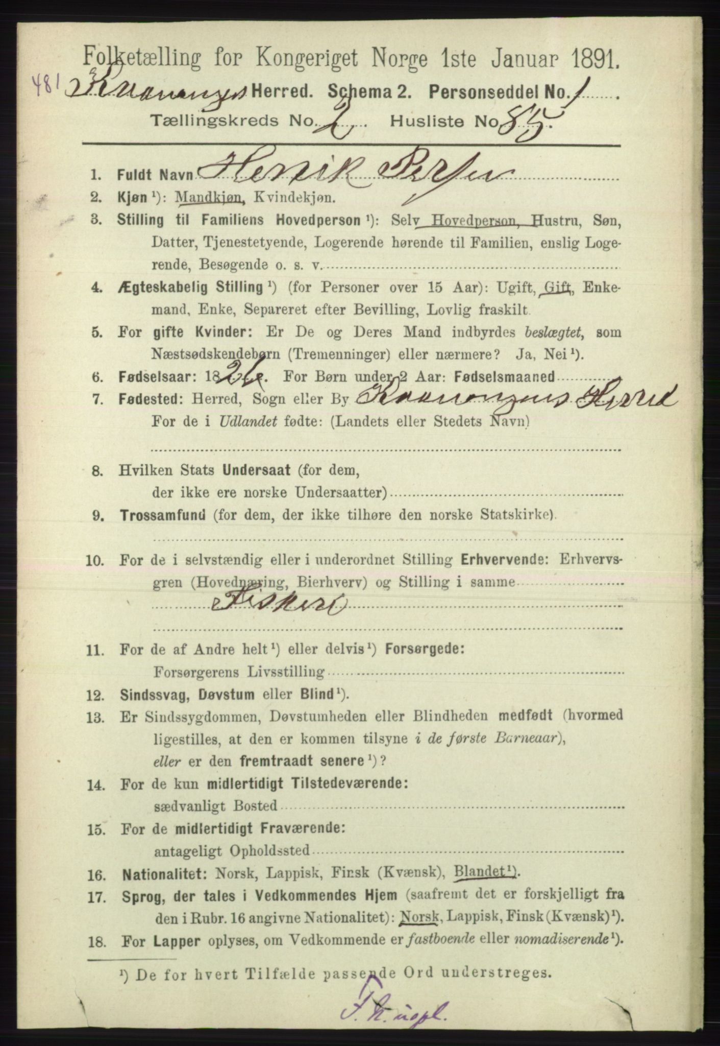 RA, 1891 census for 1943 Kvænangen, 1891, p. 1000